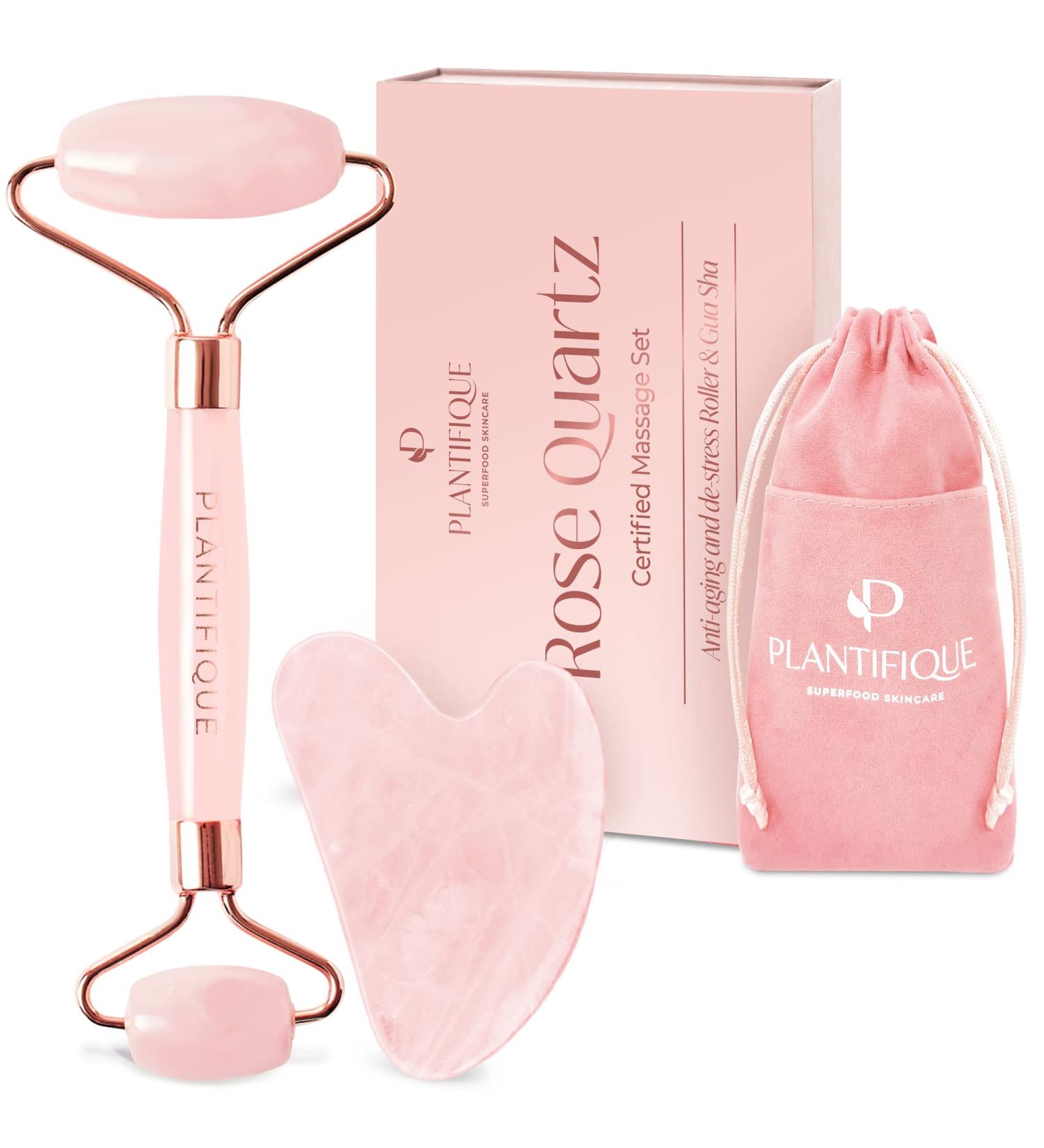Plantifique Rose Quartz Roller & Gua Sha Set - Natural Facial Massage Tool for Eye Swelling & Skin Tightening - Buy Online on GoSupps.com