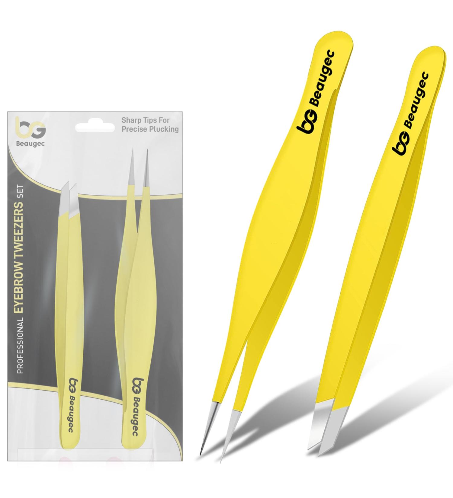 Professional Eyebrow Tweezers Set 2-Piece Slant & Point Precision Tip Stainless Steel Precision Tweezers Kit for Ingrown Hair Removal and Lash Extensions Crafted for Professional Use (Yellow) - Buy Online on GoSupps.com