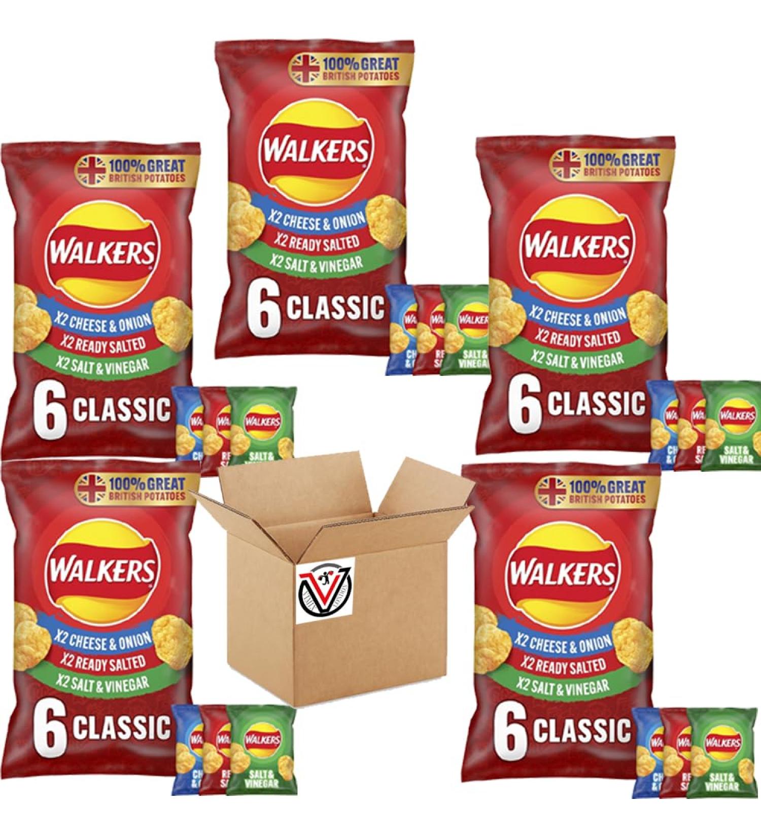 05 x Walkers Classic Variety Multipack Crisps 6x25g - Cheese & Onion Ready Salted & Salt & Vinega Flavoured Potato Chips | 30 mini Bags - Buy Online on GoSupps.com
