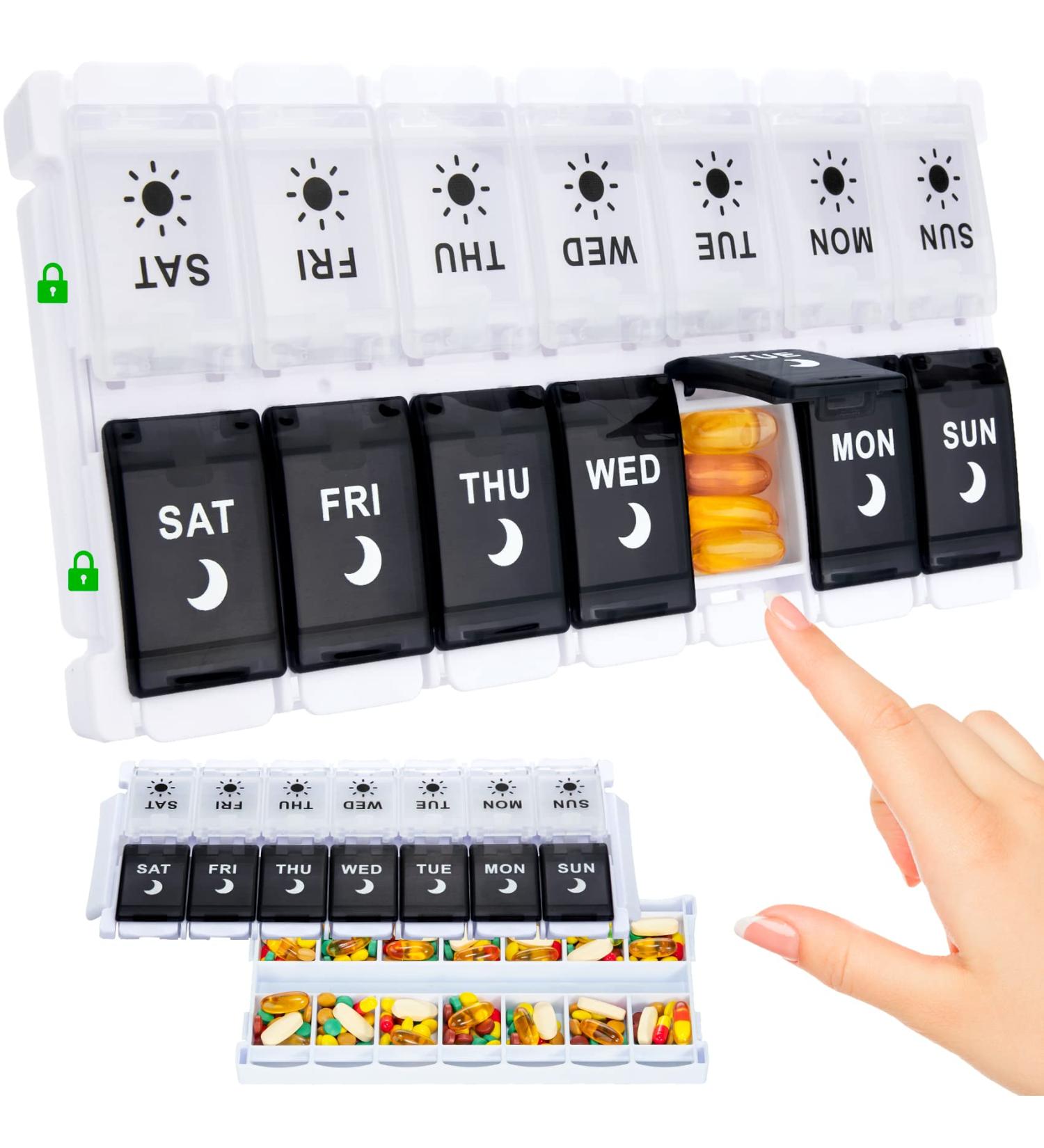 7 Day AM PM Pill Organizer - 14 Day Weekly Pill Box for Fish Oil/Supplements - Easy Fill & Push Button Design - Large Compartment Daily Pill Case - Black+White - Buy Online on GoSupps.com
