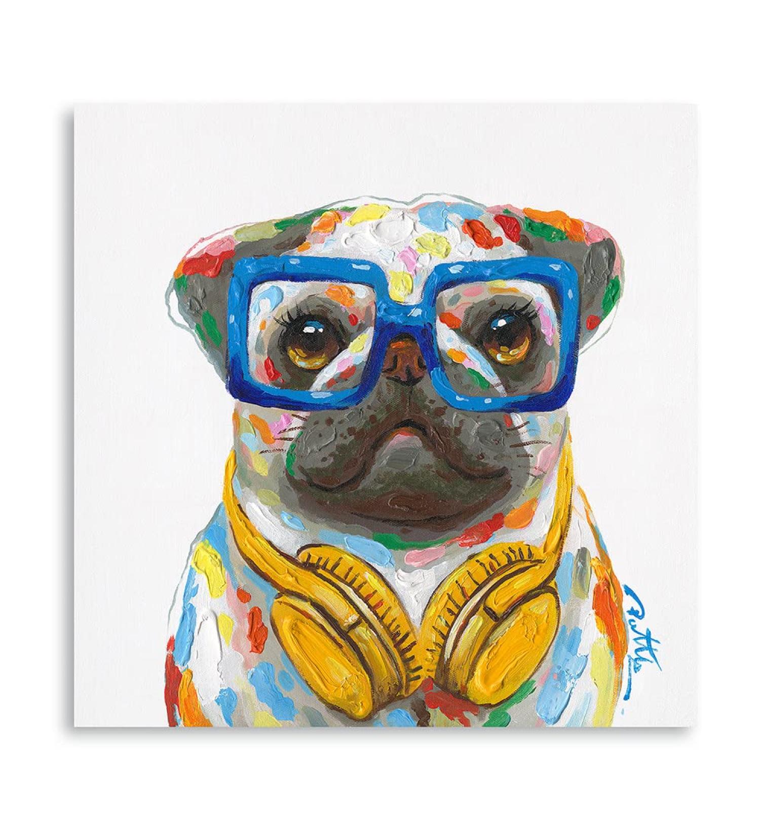 Yidepot Pug French Bulldog Wall Art - Funny Dog Canvas Poster for Kids' Room - Colorful Puppy with Earphone & Glasses - 30x30CM - Buy Online on GoSupps.com