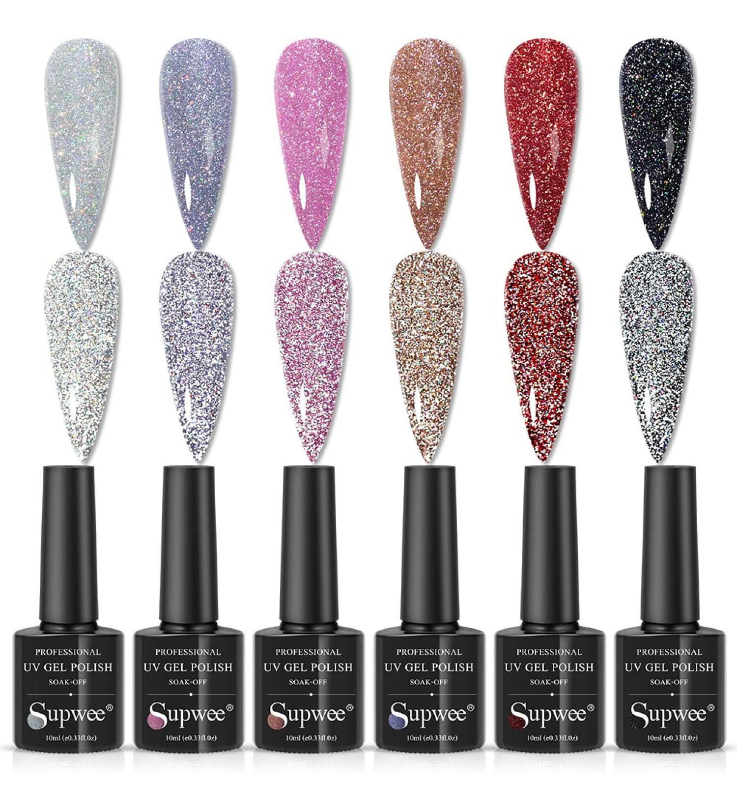 Reflective Glitter Gel Polish Set - Holographic Sparkly Nail Polish - UV LED Soak Off Gel in 6 Colors - Buy Online on GoSupps.com