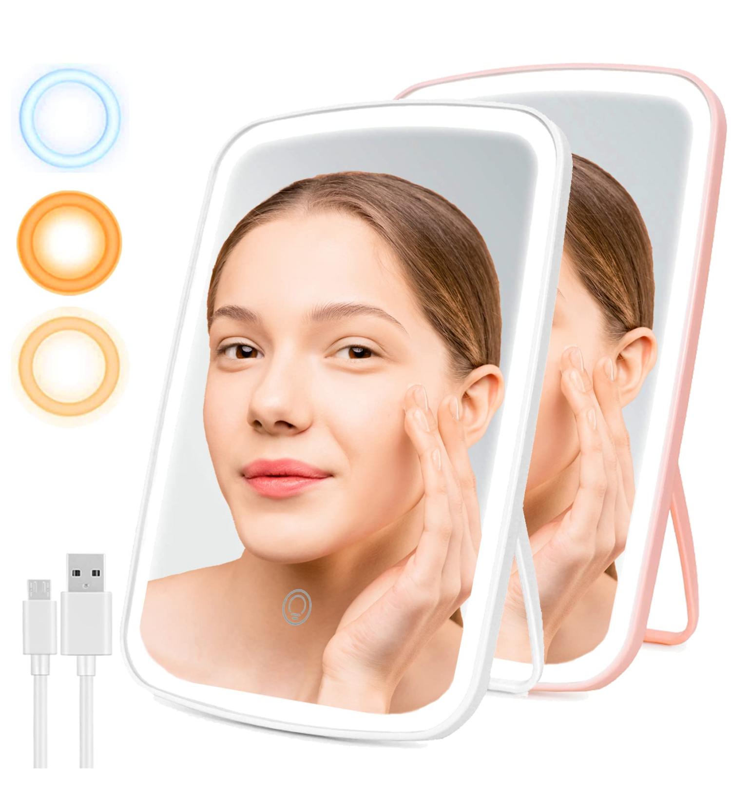 2Pack Travel Lighted Makeup Mirror with 72 LED Lights | 3 Color Lighting, 10 Folding Vanity Mirror | Touch Screen Dimming, Portable & USB Rechargeable | White & Pink - Buy Online on GoSupps.com