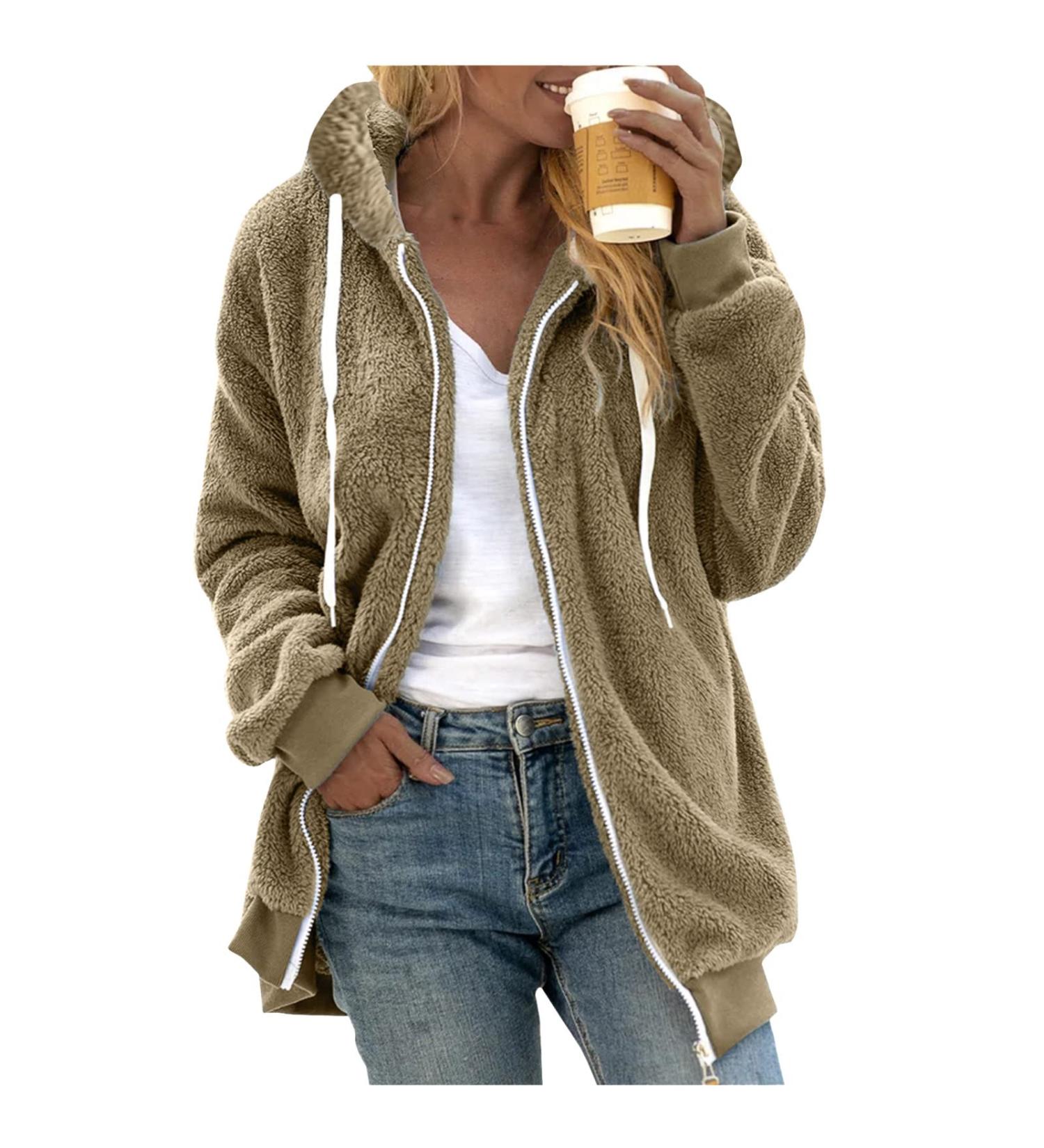 Hanxiulin Oversized Plush Jacket for Women | Warm Lined Fleece Mantel & Casual Sweat Trench Coat in Khaki - Buy Online on GoSupps.com