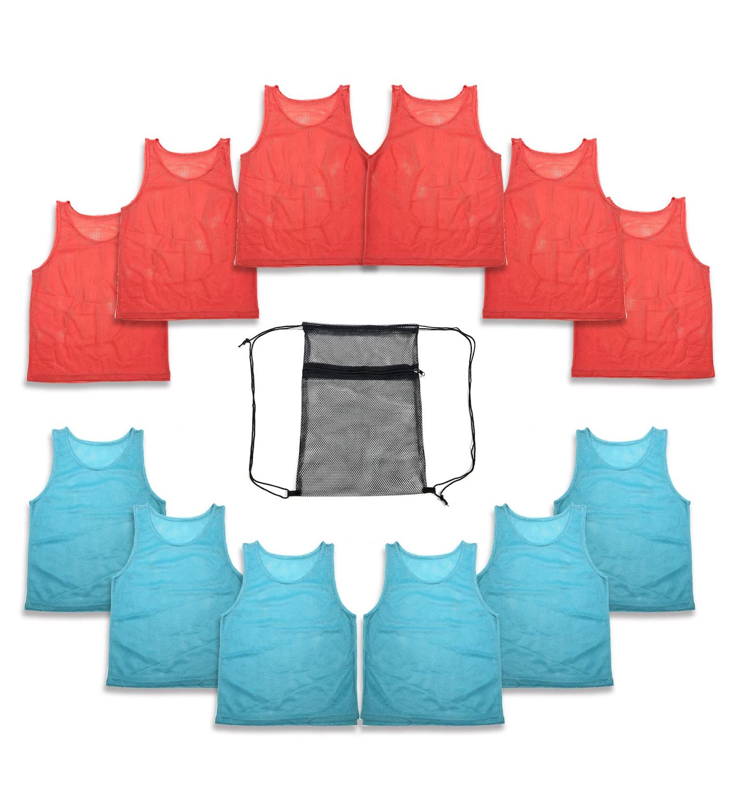 12 Pc Team Pinnies Set - Nylon Mesh Vests for Youth - Basketball, Football, Soccer Practice Jerseys - Red & Light Blue - Buy Online on GoSupps.com