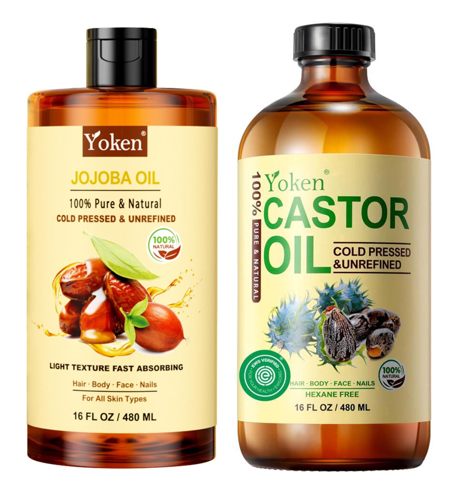 Yoken Organic Castor Oil & Jojoba Oil Set: 16oz Each 100% Pure & Natural EWG Verified Cold Pressed - Best Carrier Hydrating & Nourishing Facial & Hair Oil - Buy Online on GoSupps.com
