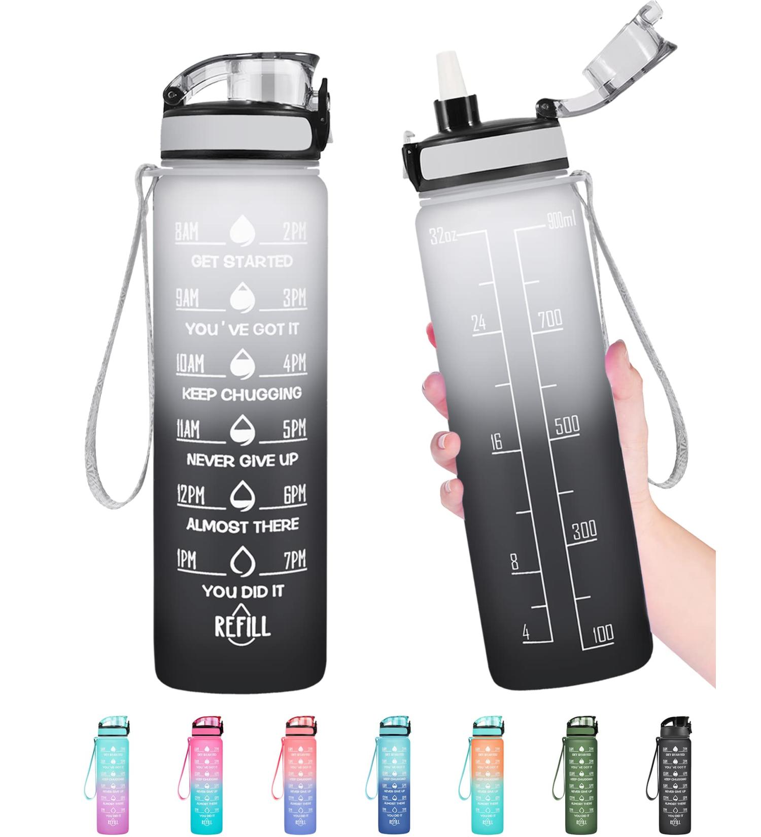 Enerbone 32oz Leakproof BPA-Free Water Bottle with Motivational Times & Straw - Gray-Black - Buy Online on GoSupps.com