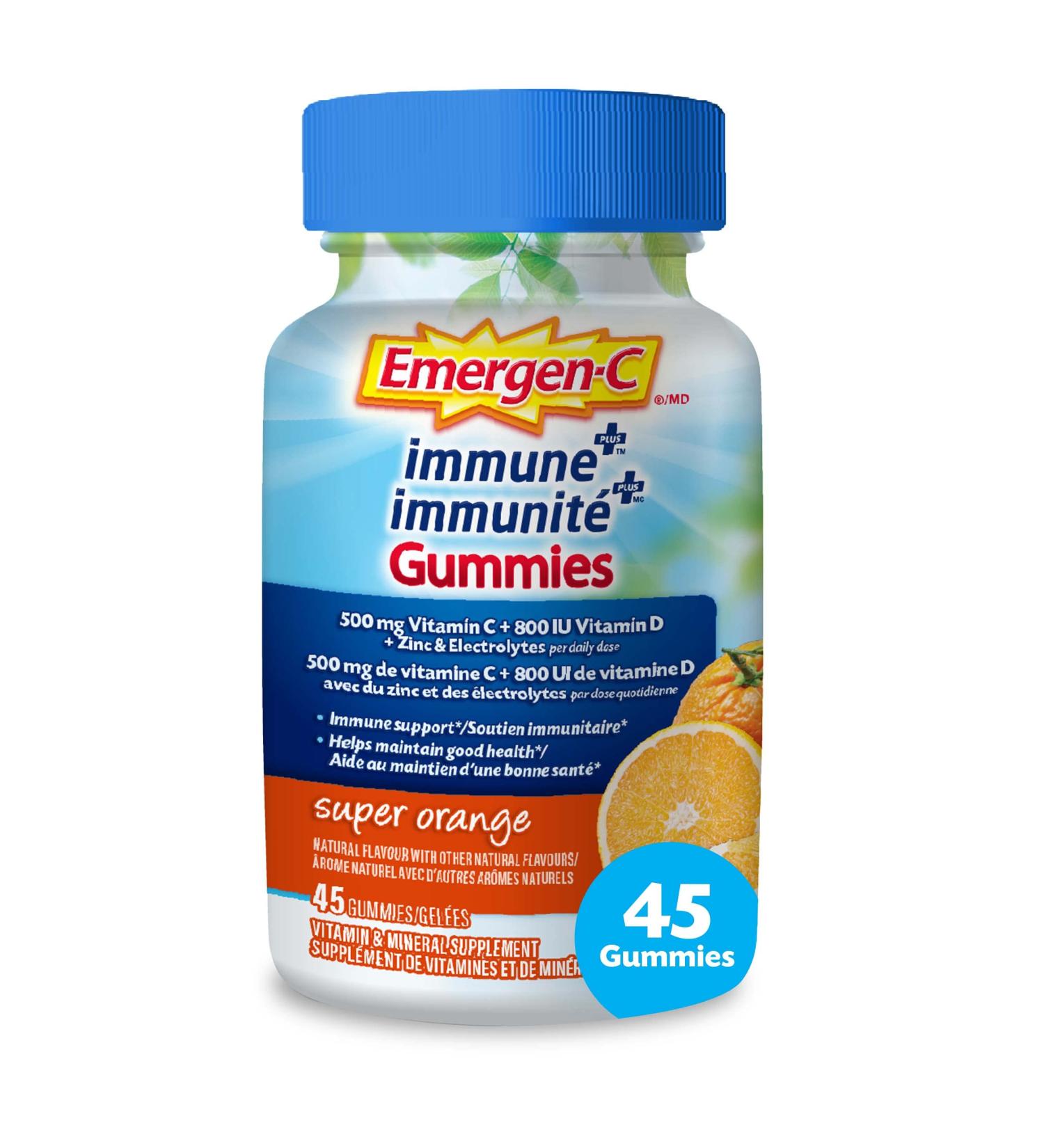 Emergen-C Immune+ 500mg Vitamin C Gummies Supplement Immune System Booster Super Orange 45 Gummies - Buy Online on GoSupps.com