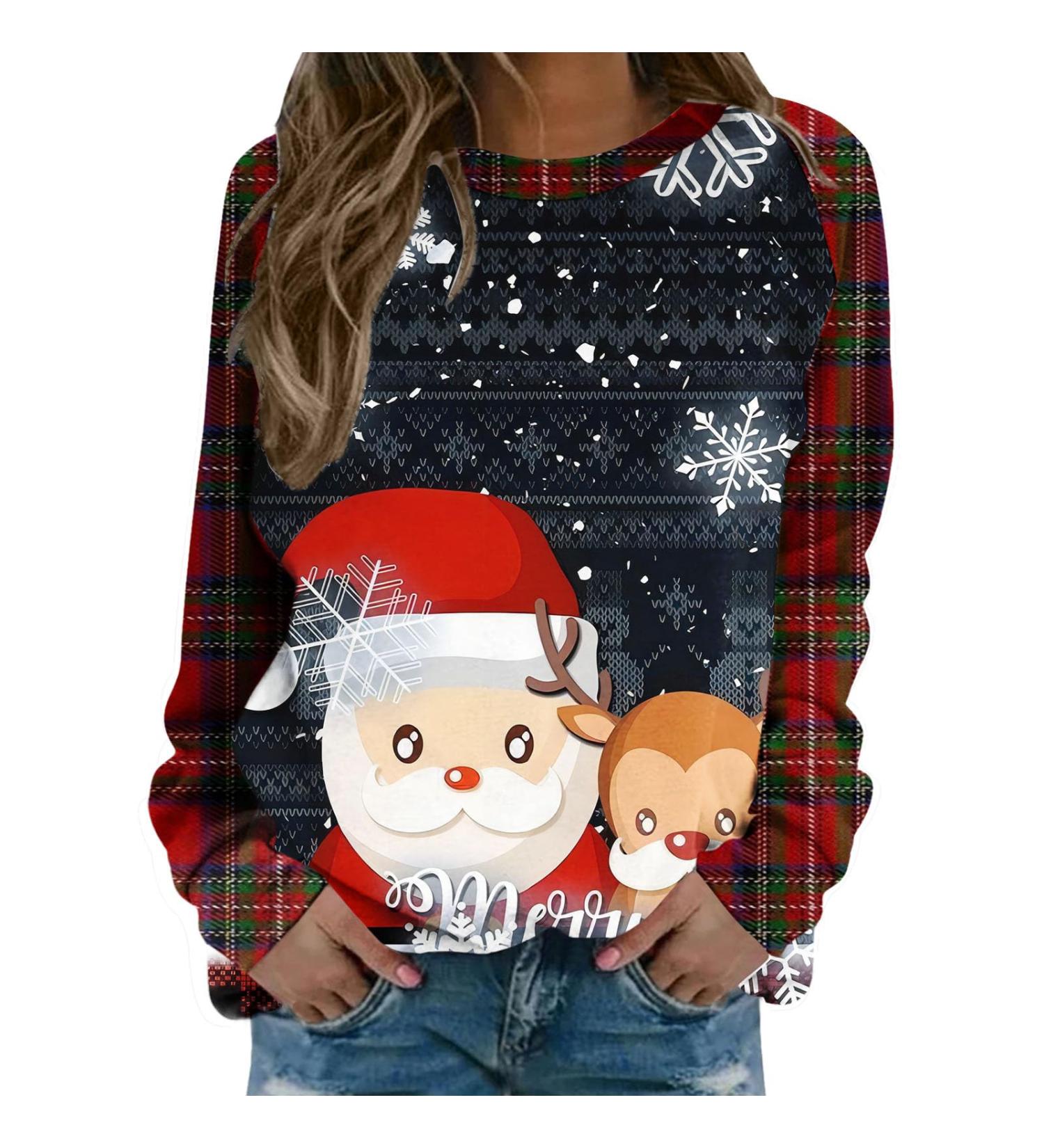 Women's Christmas Sweatshirt Snowman & Penguin Print | O-Neck Raglan Top | Comfy Xmas Jumper Sweater Navy XXL - Buy Online on GoSupps.com