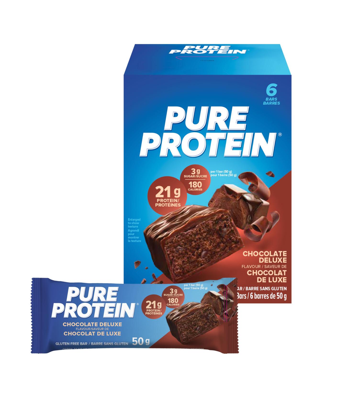 Pure Protein Bars - Nutritious, Gluten Free bar, made with Whey protein blend - low sugar, protein snack. Deliciously satisfying. Made in Canada, Chocolate Deluxe (Pack of 6) - Buy Online on GoSupps.com