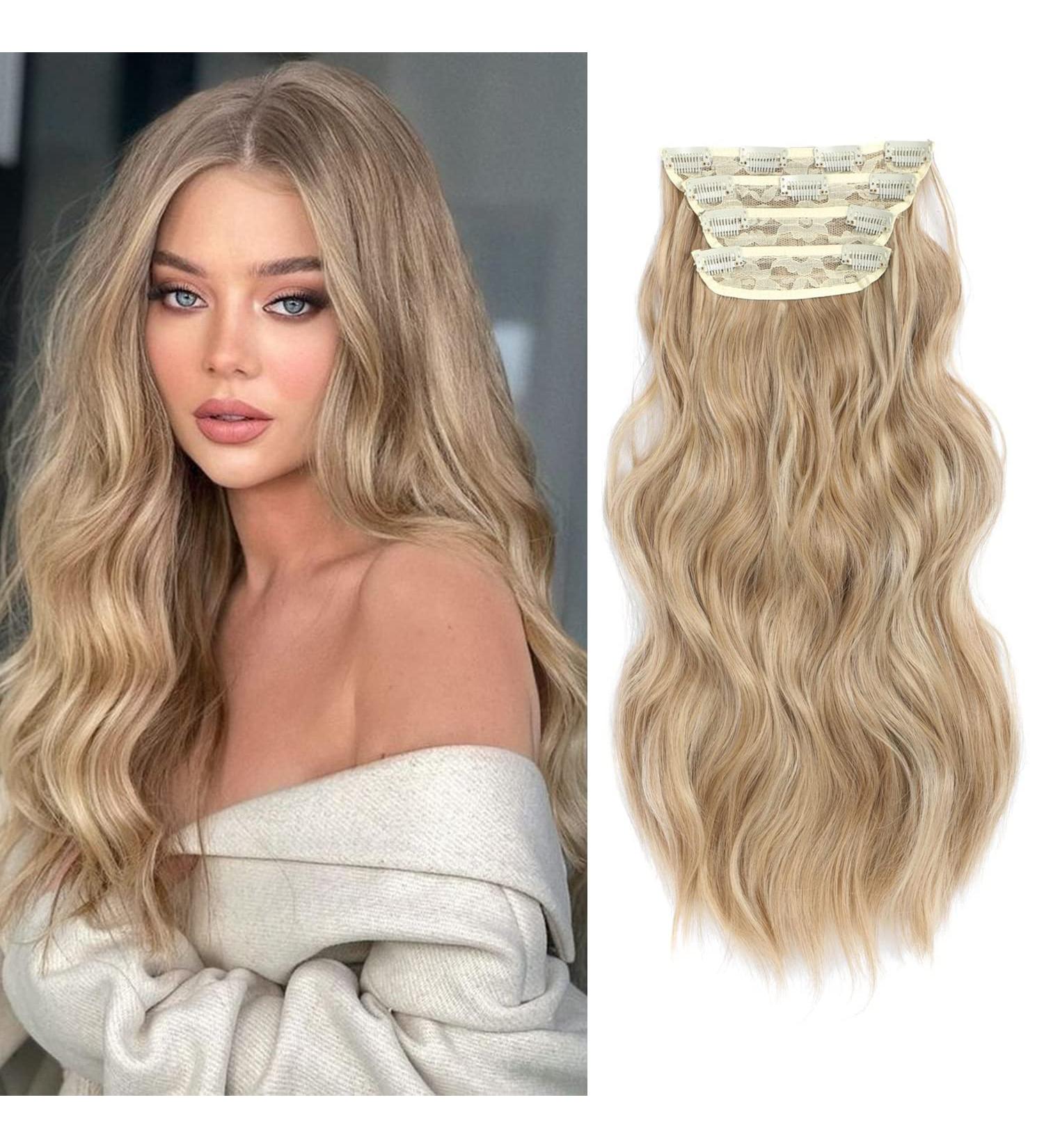 Dirty Blonde with Brown Highlights Clip in Hair Extensions - Long Wavy Full Head Synthetic Fiber Hair Pieces for Women - Buy Online on GoSupps.com