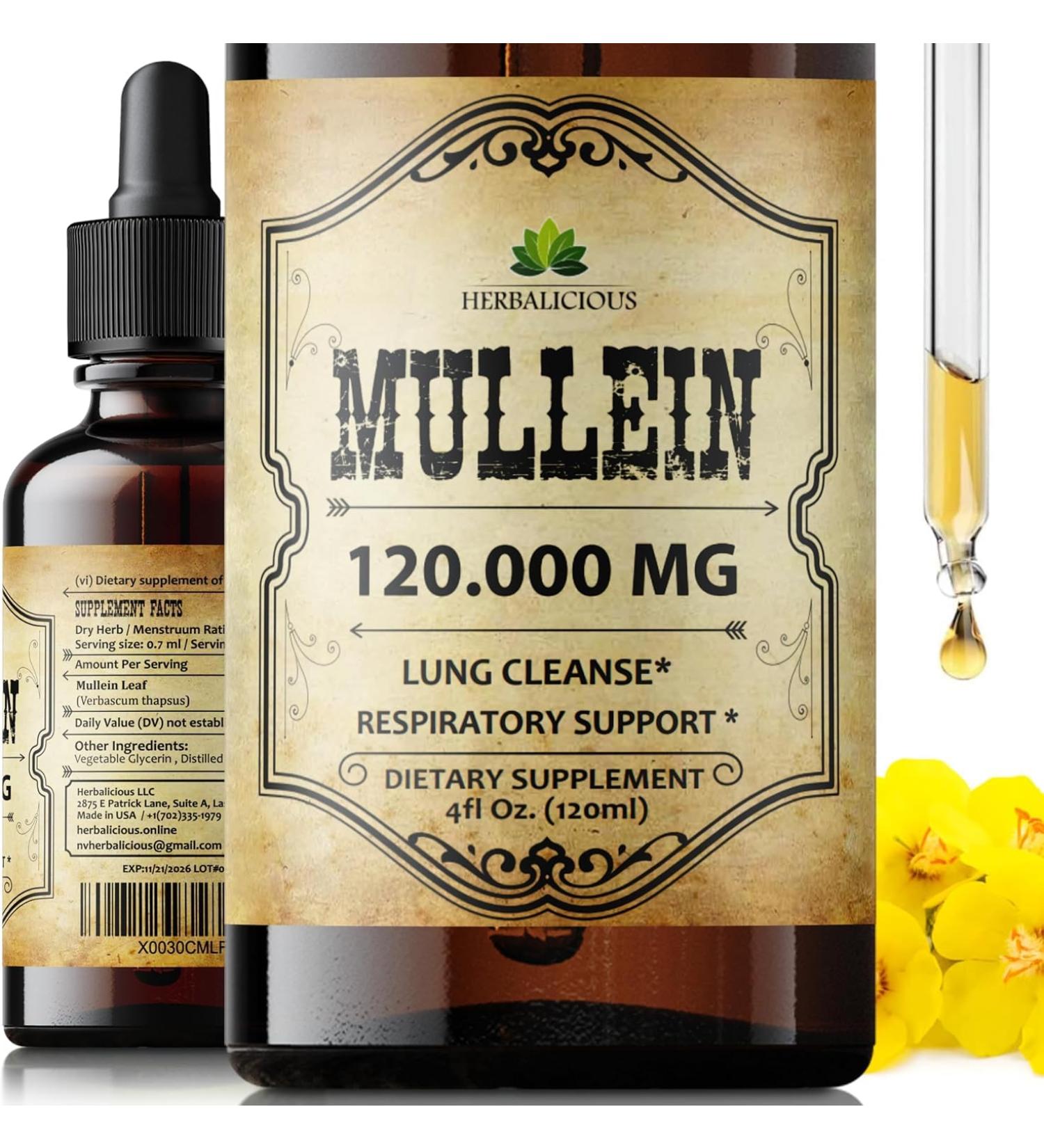 HERBALICIOUS Mullein Drops for Lungs Organic Lung Cleanse Supplement with Mullein Leaf Extract (Verbascum Thapsus) Vegan Non-GMO Liquid Formula 4 Fl Oz - Buy Online on GoSupps.com