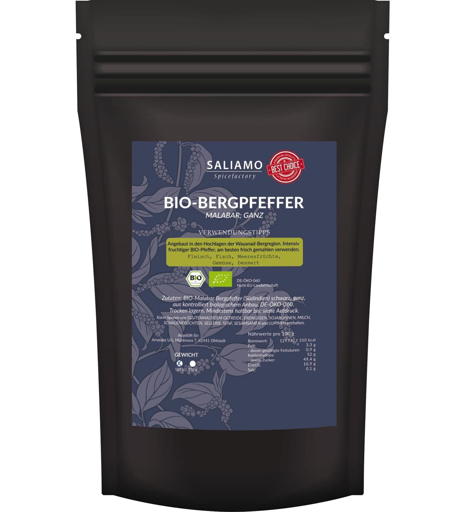 250g organic mountain pepper Malabar tiger pepper Kerala from Wayanad highlands intensive fruity malabara aroma ideal for meat fish vegetables |Saliamo 250.0 gram