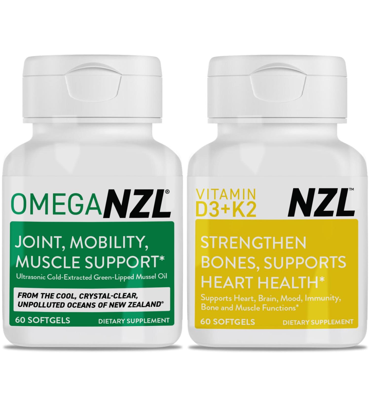 OMEGANZL Omega-3 Natural Joint Relief Supplement Natural Muscle Support Green-Lipped Mussel Oil Joint Support No Fishy Aftertaste 60 Softgels Plus one Bottle of Vitamin D3+K2 60 Capsules