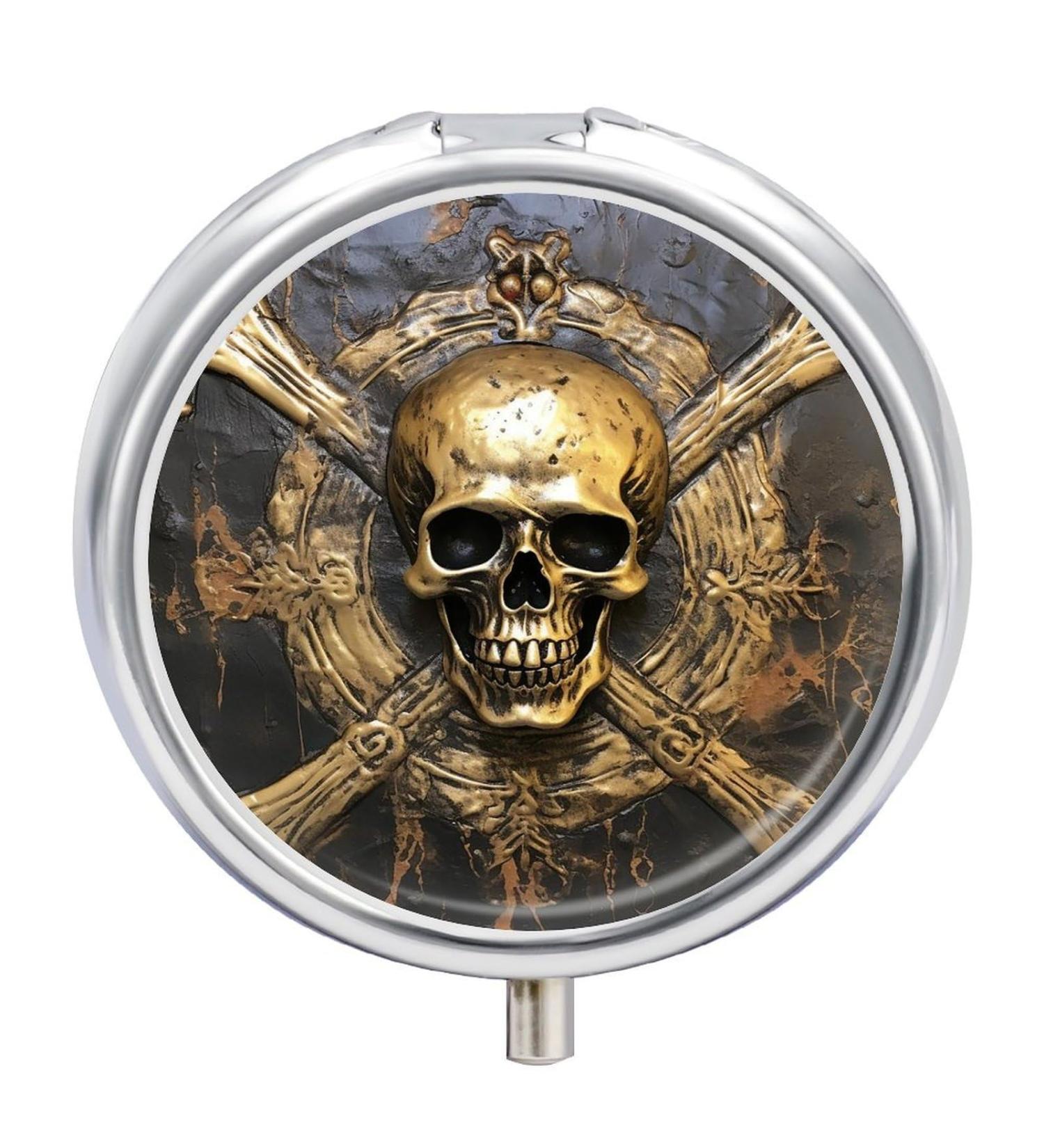 Skull Metal Pirate Pill Box - Stylish 3 Compartment Travel Organizer for Vitamins & Medication - Compact Pill Case for Purse & Pocket - Buy Online on GoSupps.com
