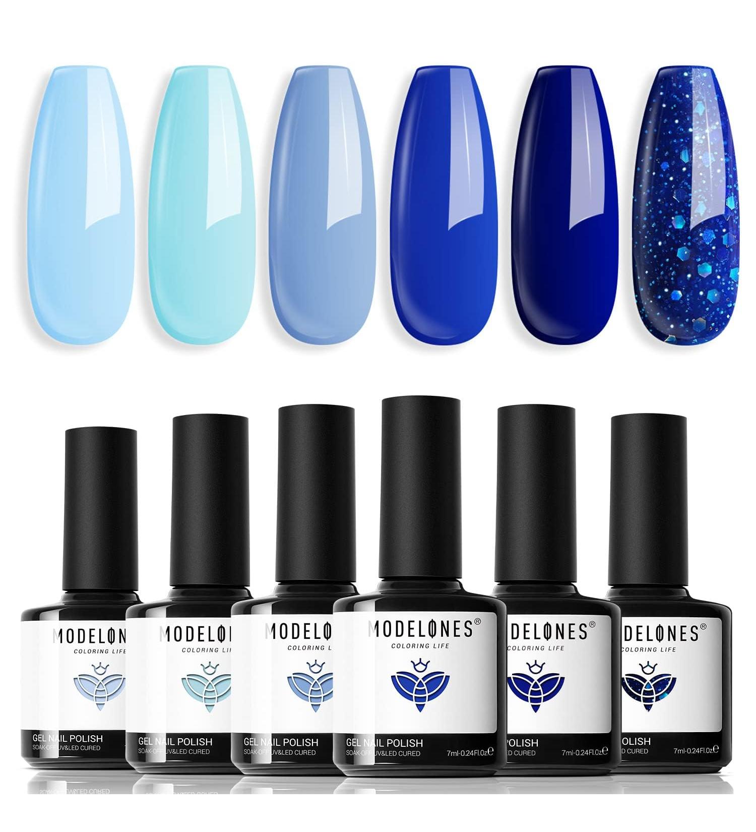 Modelones Blue Gel Nail Polish Set 6 Colors Royal Blue Sky Blue Glitter Navy Blue Nail Gel Polish Kit Light to Dark Shades Soak Off Gel Nail Art Salon Design Home Manicure Holiday Gifts for Women Girls - Buy Online on GoSupps.com