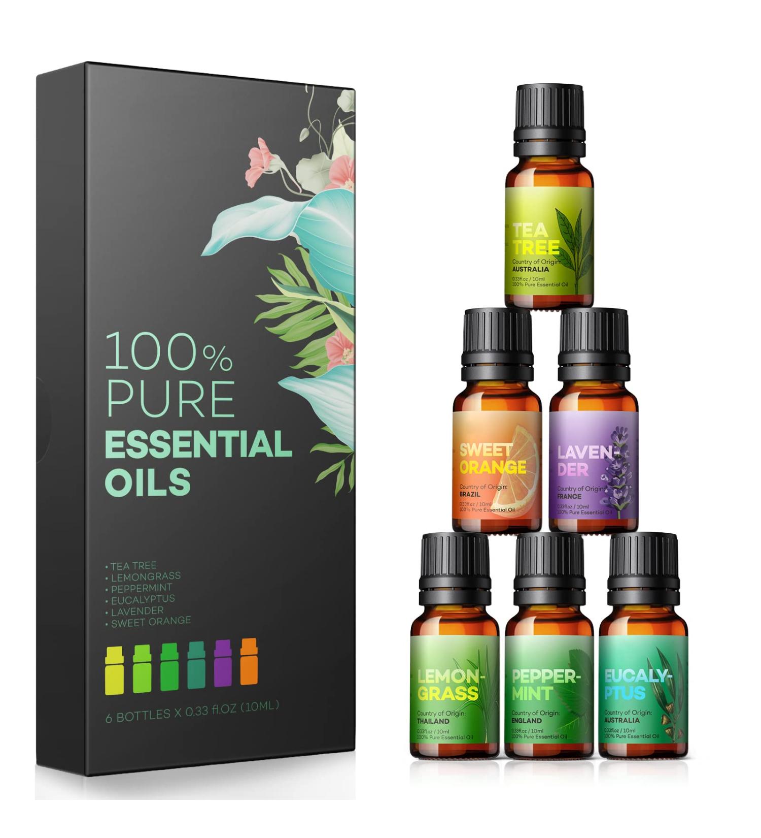 Top 6 Essential Oils Set - Lavender, Eucalyptus, Peppermint, Tea Tree, Lemongrass, Sweet Orange - 10ml Pure Aromatherapy Oils Kit for Skin & Hair Care. Great for Diffusers - 0.34 Fl Oz (Pack of 6) - Buy Online on GoSupps.com