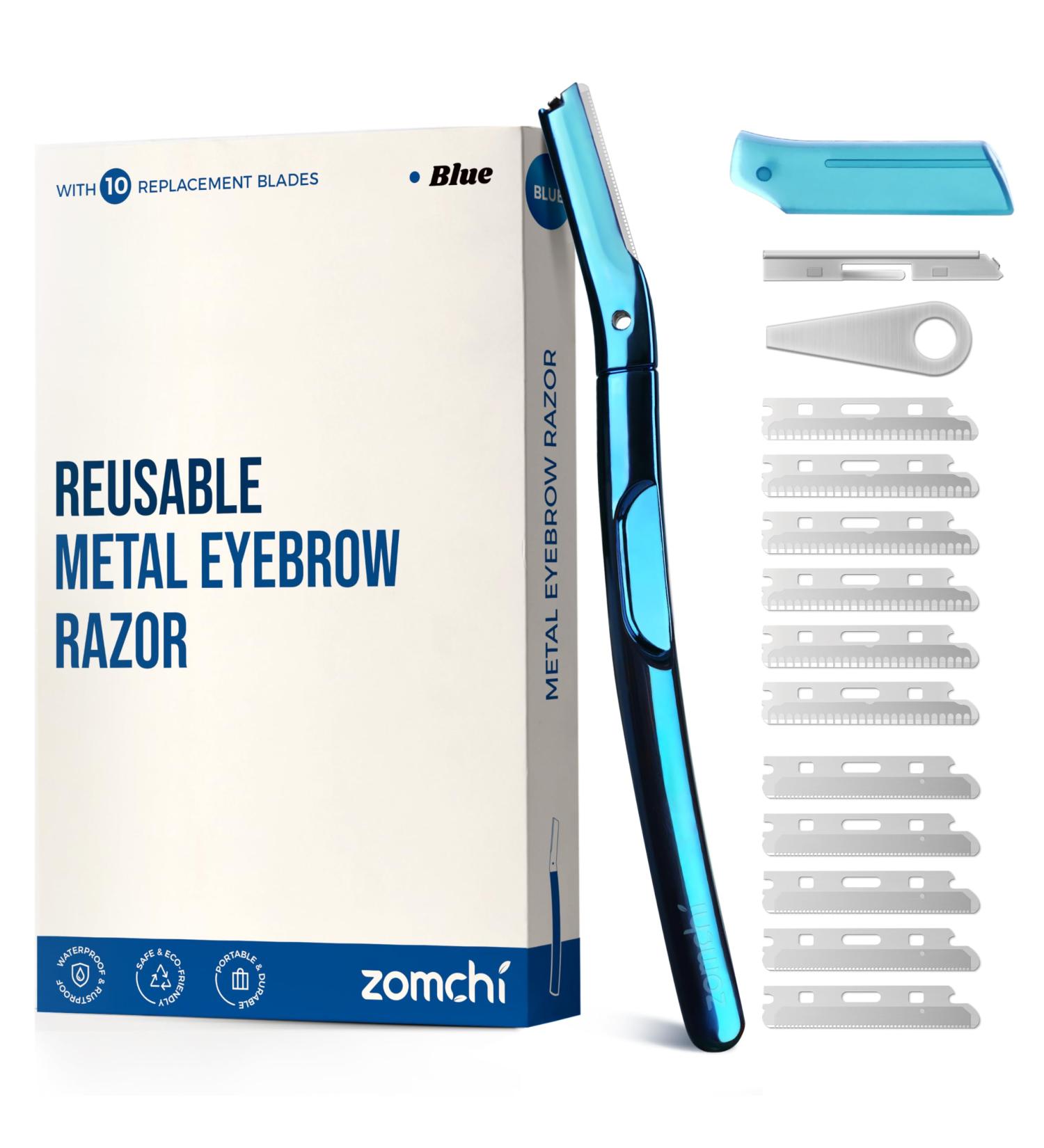 Zomchi Eyebrow Razor & Facial Hair Removal Trimmer - Safe Precise Facial Razor for Men & Women - 11 Blades Silicone Shell - Convenient Blue Design - Buy Online on GoSupps.com