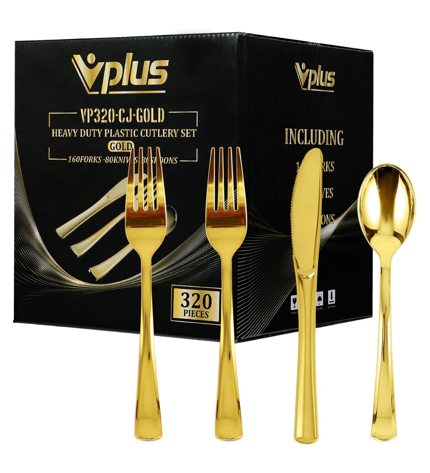 320 Pack Gold Plastic Silverware Set - Disposable Cutlery for Party - Heavy Duty Plastic Forks, Spoons, Knives - Bulk Pack - Buy Online on GoSupps.com