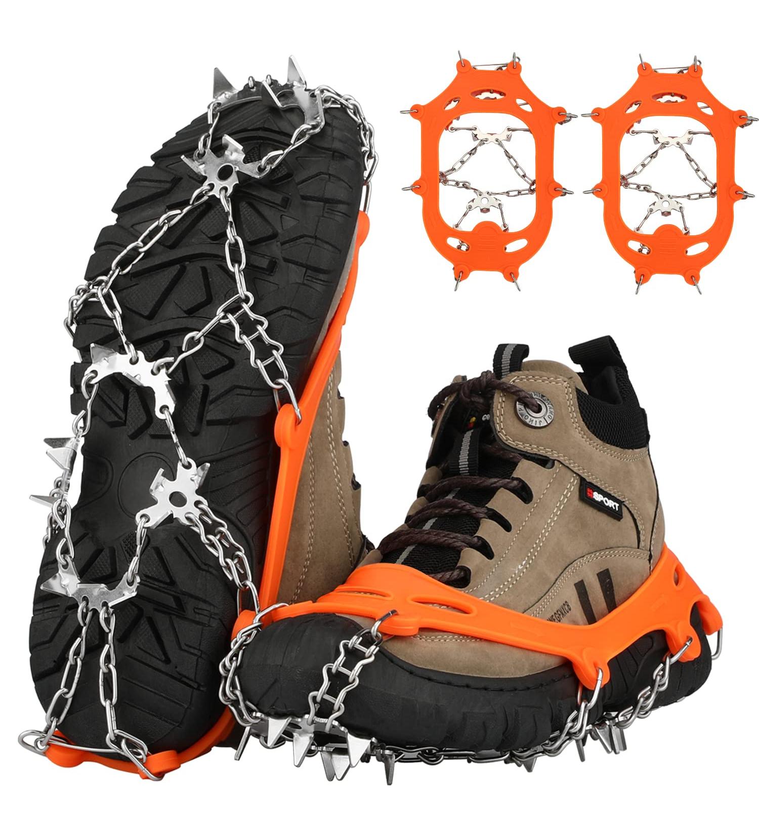 19-Spike Ice Cleats Snow Grips for Hiking Boots - Anti-Slip Stainless Steel Crampons for Men, Women, Boys, Girls - Ideal for Fishing, Walking, Climbing, Mountaineering - Orange (Large) - Buy Online on GoSupps.com