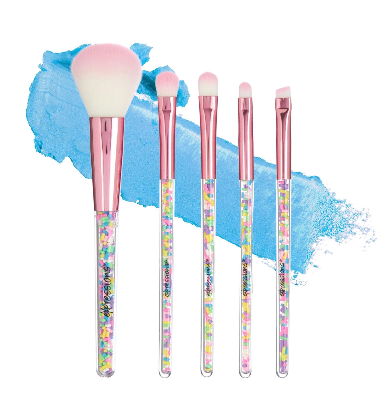 Expressions 5pc Sprinkle Confetti Makeup Brush Set - Pink Rainbow Handles Dense Bristles | Premium Makeup Brushes for Perfect Application - Buy Online on GoSupps.com