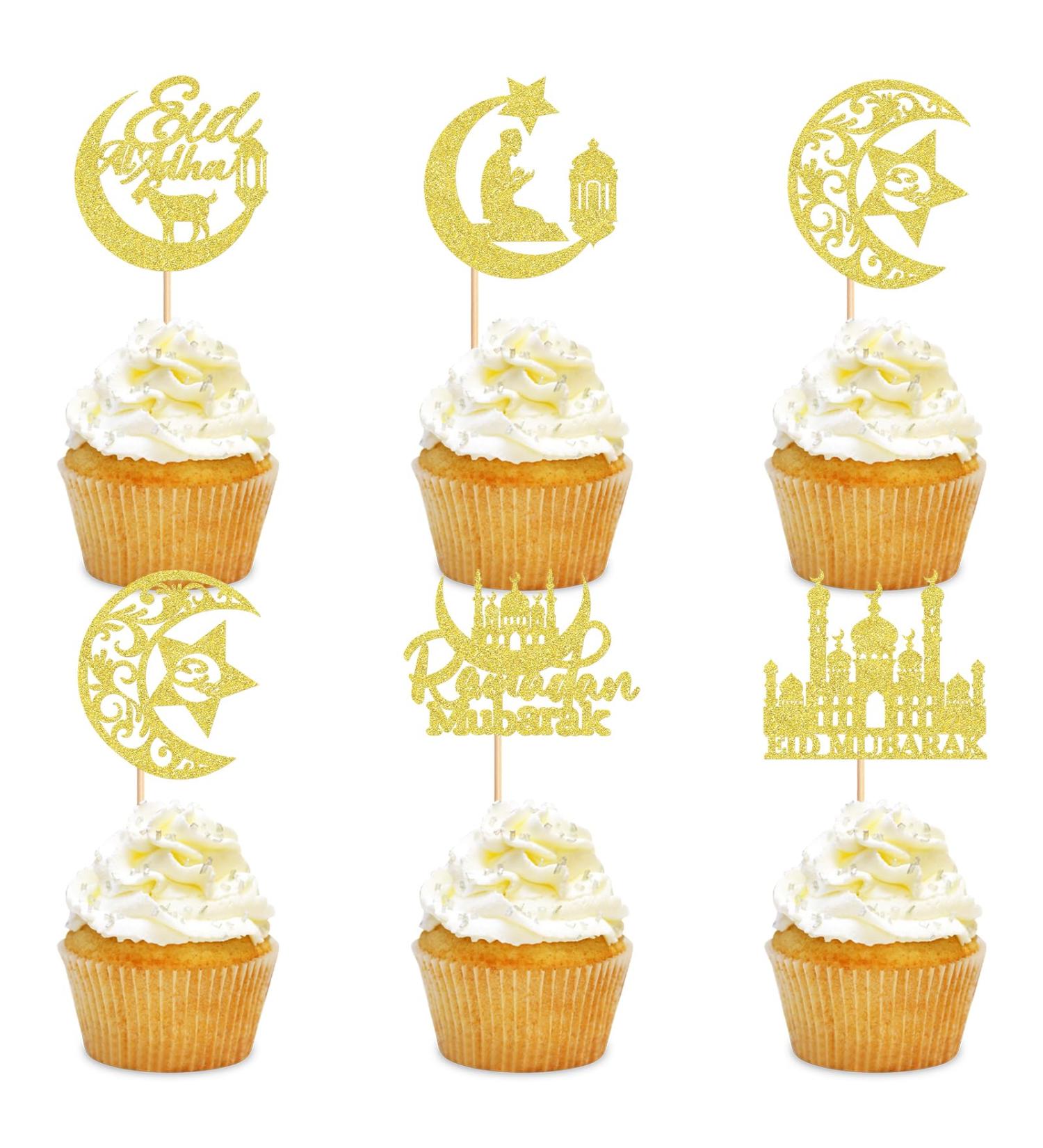 Cyodoos 25Pcs Eid Mubarak Cupcake Toppers Happy Eid Moon Star Ramadan Kareem Cupcake Picks for Eid Islamic Muslim Theme Party Cake Decorations Supplies - Gold Glitter Golden2 - Buy Online on GoSupps.com