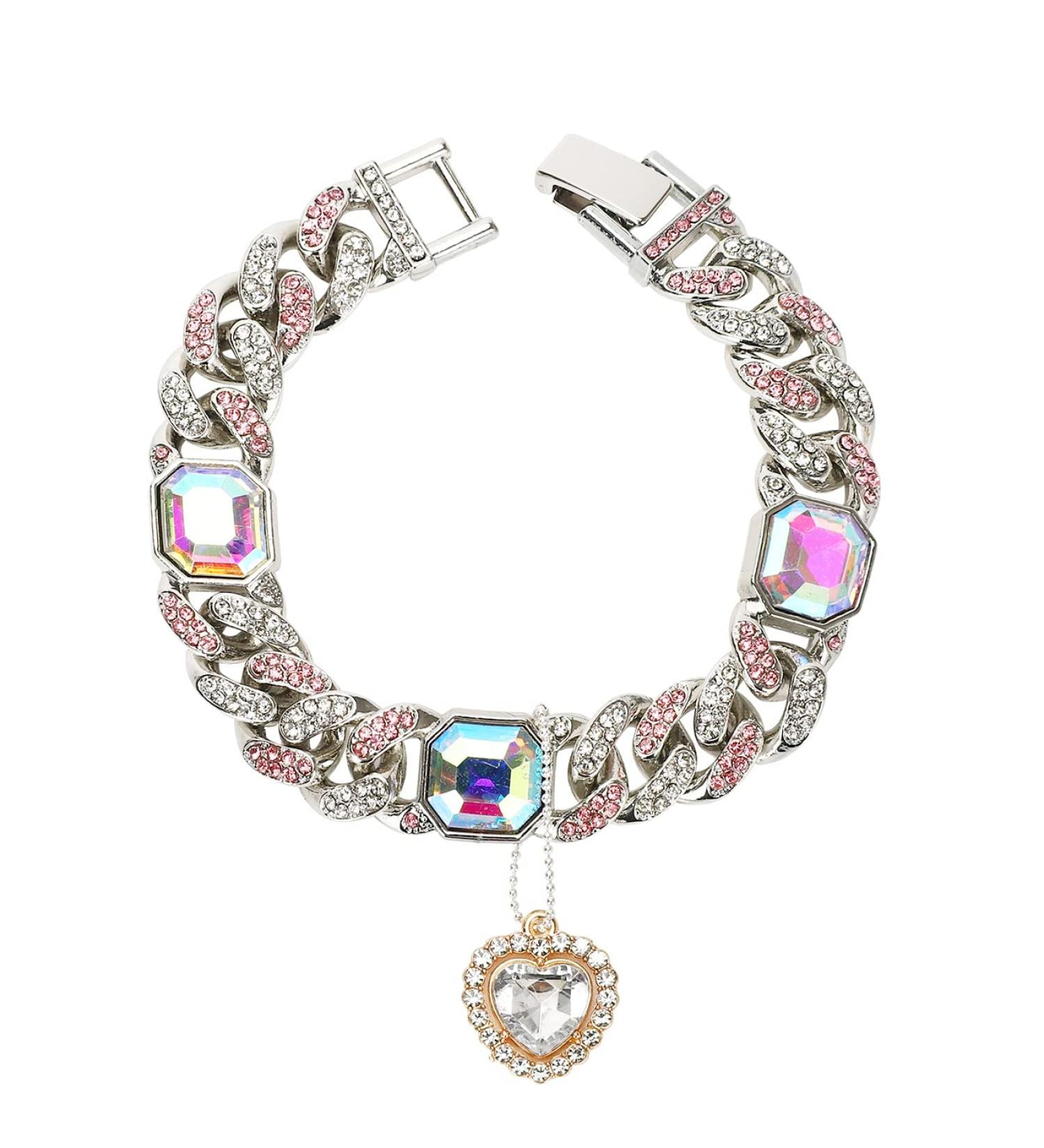 Glitter King Silver Cat Collar Puppy Zircon Cuban Link Chain Handmade Giamond Heart Pendant Pet Jewelry S(10.1") Silver - Buy Online on GoSupps.com