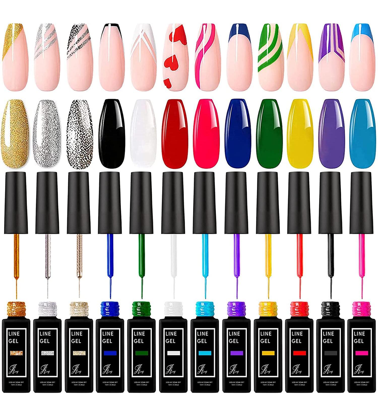 TEEROVA Painted Gel Nail Polish Set 12 Colors Line Art Gel Neon Yellow Green Glitter Sliver Gold Nail Art Painting Gel Manicure Tools DIY Drawing Nail Gel for Line 12ml Each Bottle - UV LED Required - Buy Online on GoSupps.com