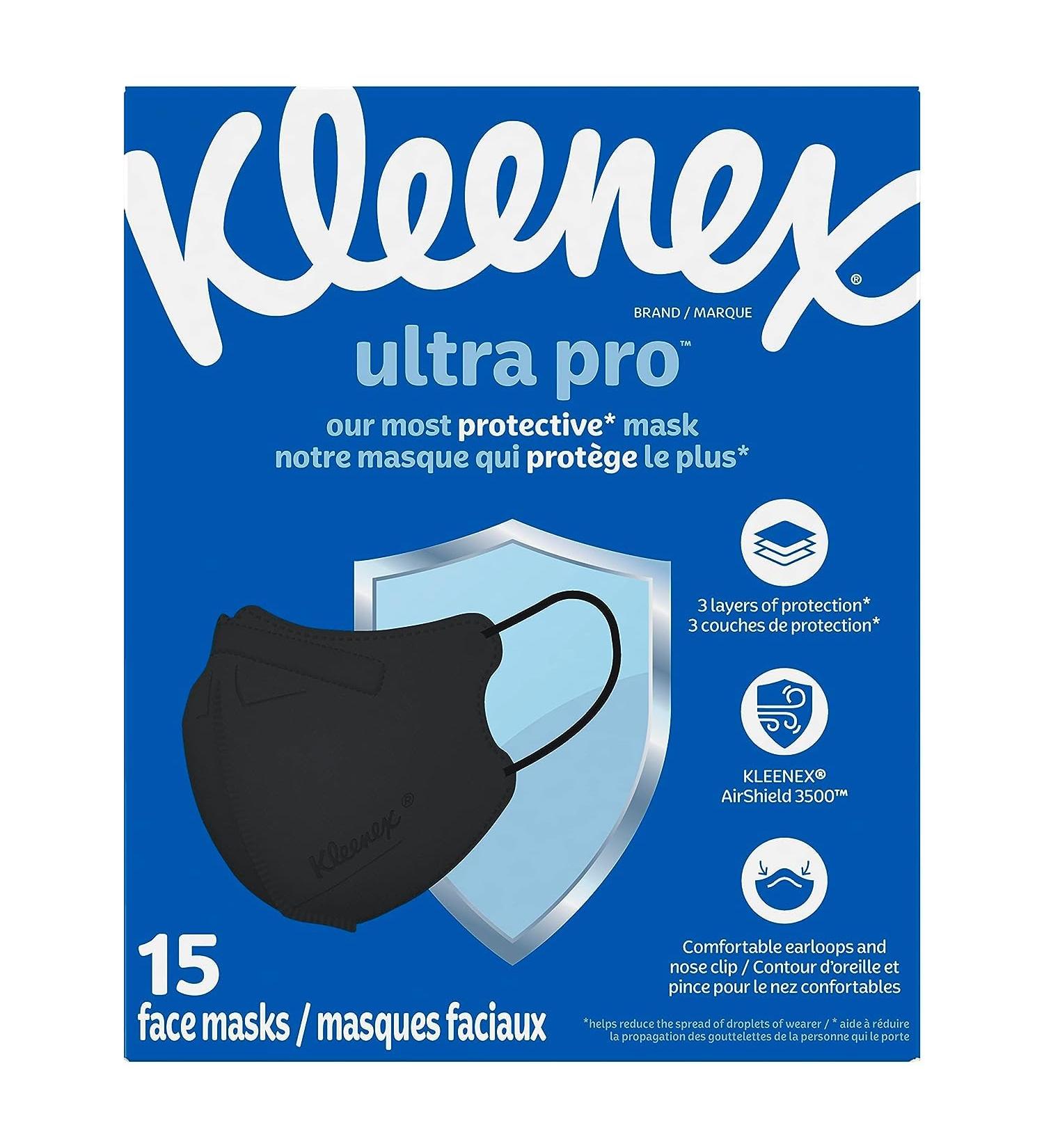 Kleenex Ultra Pro 3-Layer Face Mask (Pack of 15) Dermatologically Tested Soft Elastic Ear Loop Adjustable Nose Clip Black Ultra Pro ct - Buy Online on GoSupps.com