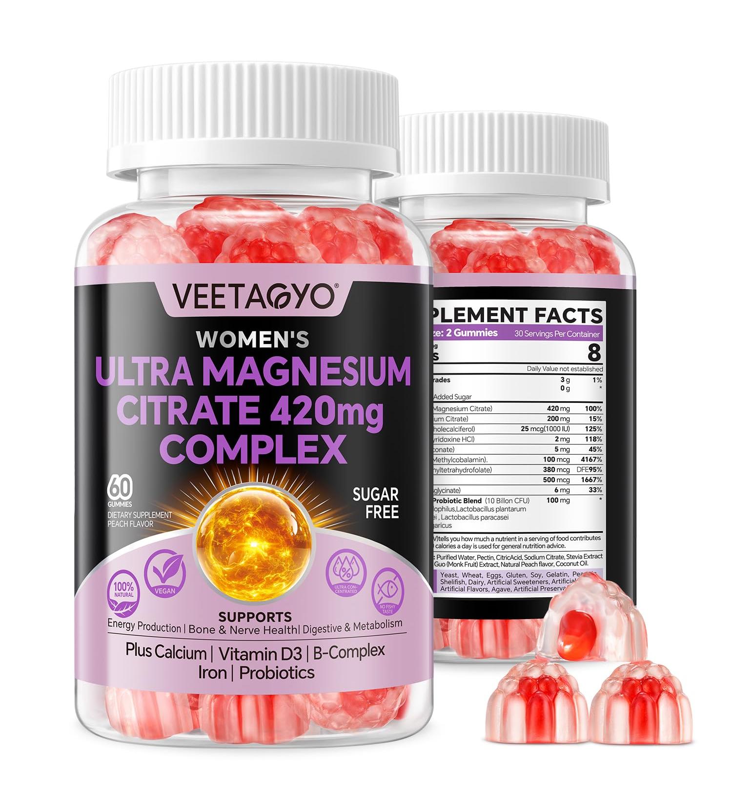 Magnesium Citrate Gummies 420mg for Adult - Dual Layer - w/10 Billion CFU - 5 Strains Probiotics & Calcium, D3, Biotin, Iron, B6, B12, Folate, Support for Bone, Nerve, Relaxation, Muscle - Vegan 60Cts - Buy Online on GoSupps.com