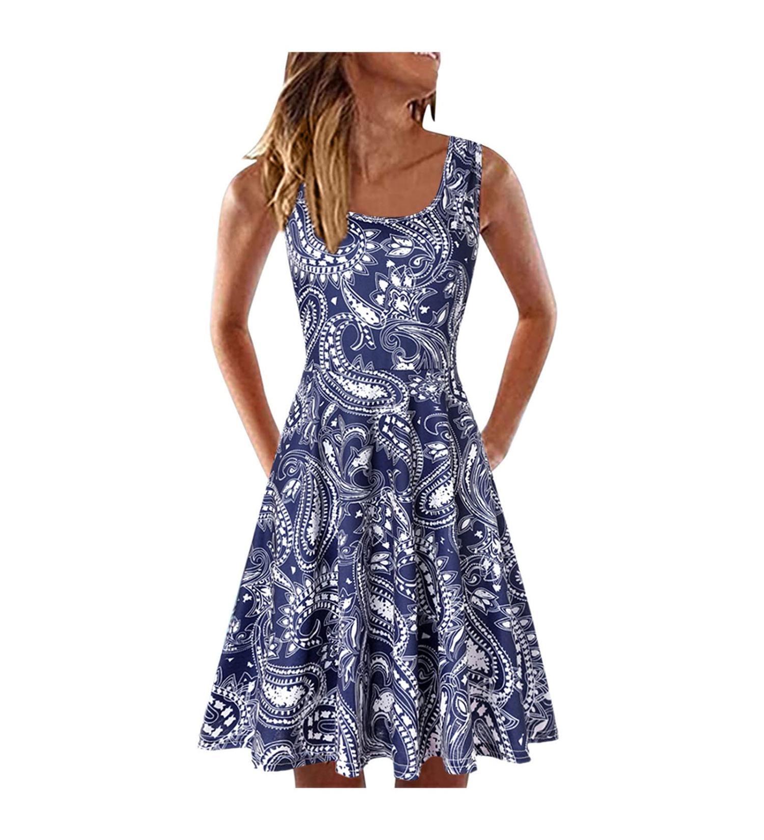Haiorziyoudamen Sleeveless A-Line Dress for Women | Sexy Summer Mini Dress | Casual Knee-Length Printed Skirt in Blue - Buy Online on GoSupps.com