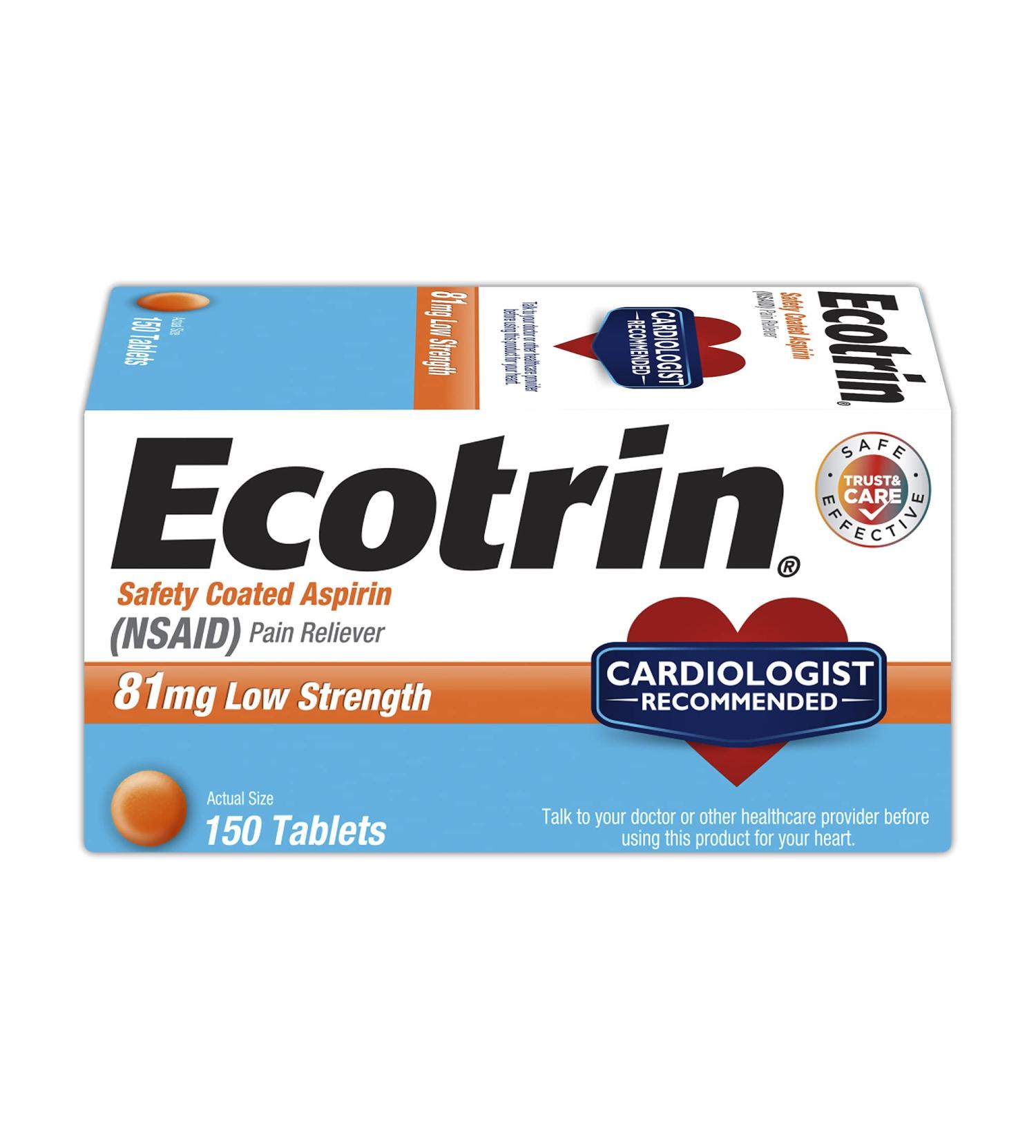 Ecotrin 81mg Low Strength Aspirin Tablets - 150 Count (Pack of 1) | Fast Pain Relief - Buy Online on GoSupps.com