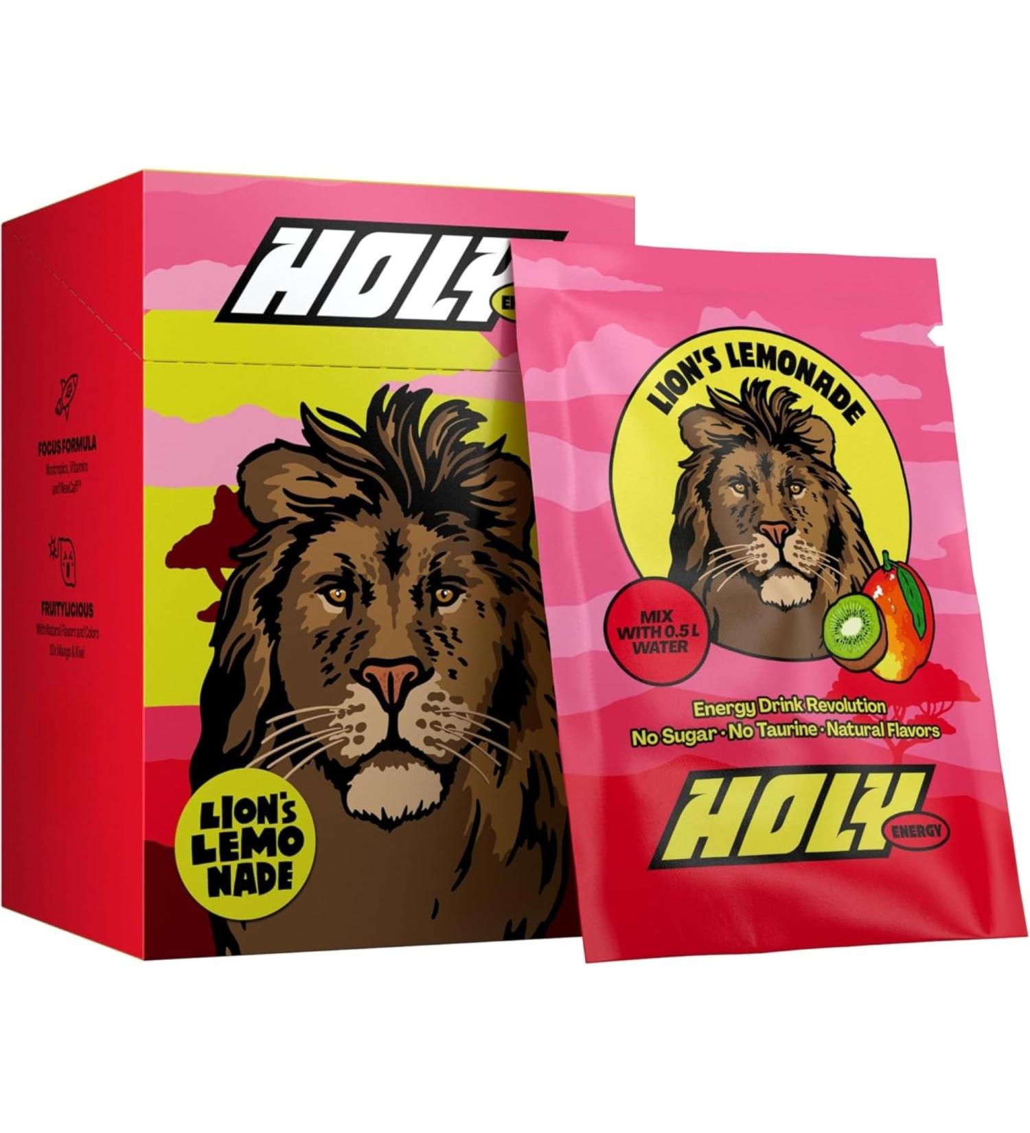 HOLY Energy Gaming Booster Bo te d'essai de 10 Lion's Lemonade avec go t de mangue & kiwi | 10 portions avec NewCaff & extrait de th vert | Focus Drink | Vegan avec ar mes de fruits 100% naturels - Buy Online on GoSupps.com
