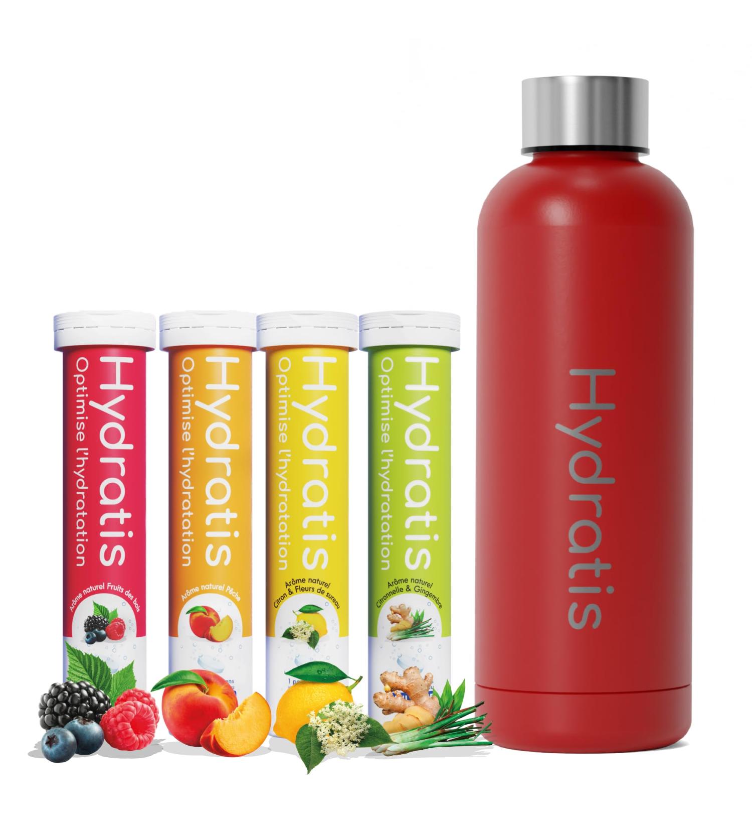 HYDRATIS - Pastilles Hydratation Electrolytes - Mix 4 Parfums + Gourde 500 ml Rouge - Am liore l'Hydratation et Favorise l' nergie - Formule Isotonique - Sport. R cup ration (80 Pastilles) Gourde Rouge - Buy Online on GoSupps.com