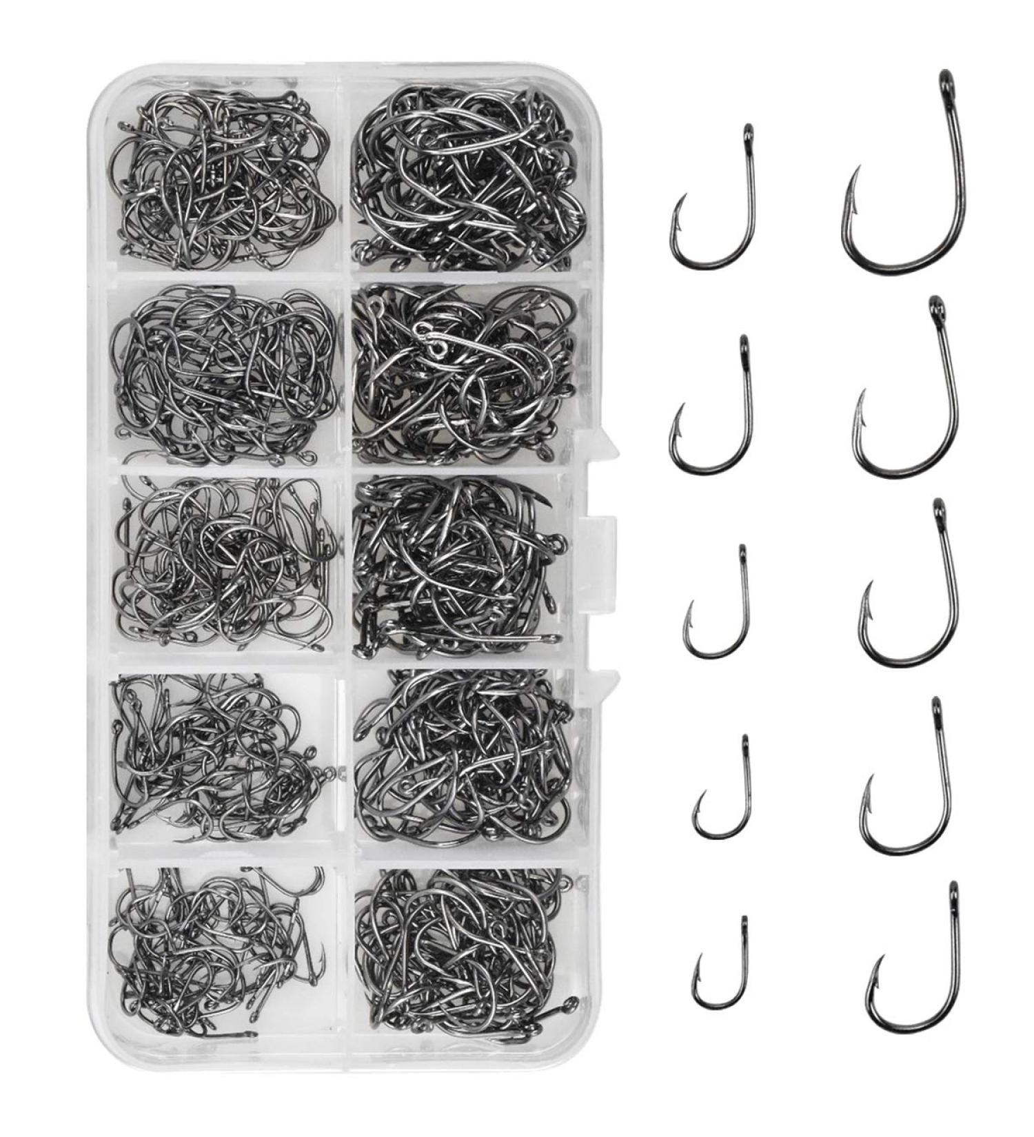 500PC Carbon Steel Fishing Hooks Set - 10 Sizes for Freshwater & Saltwater Fishing | Durable Barn Hooks with Eyelet & Plastic Box - Buy Online on GoSupps.com