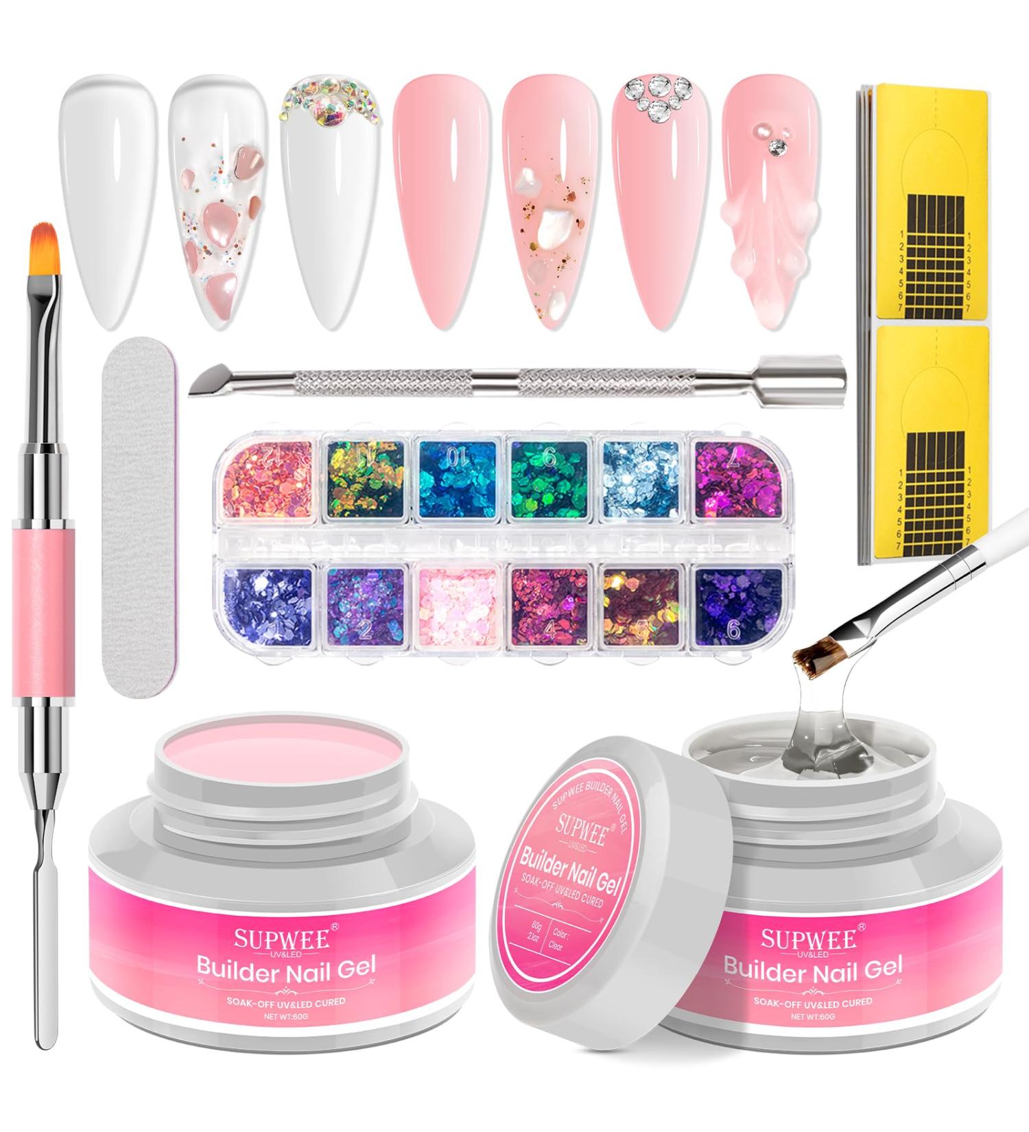 SUPWEE Builder Gel Nail Kit - Clear Nude 2 Colors Gel Set for Nail Extension & Art | 60g UV/LED Hard Gel with Brush & Forms - Buy Online on GoSupps.com
