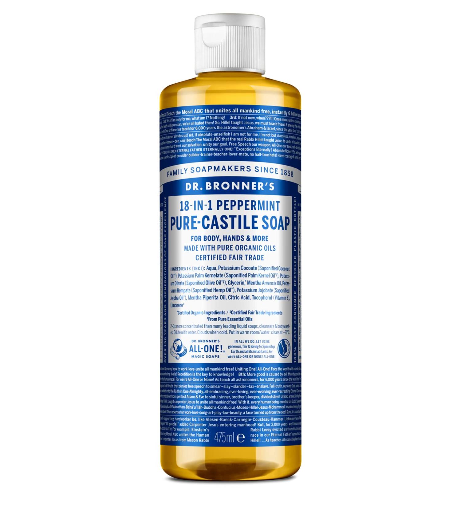Dr Bronner's Peppermint Castile Liquid Soap 473 ml - All-Natural Mint Soap for Eco-Friendly Cleaning | Buy Online - Buy Online on GoSupps.com