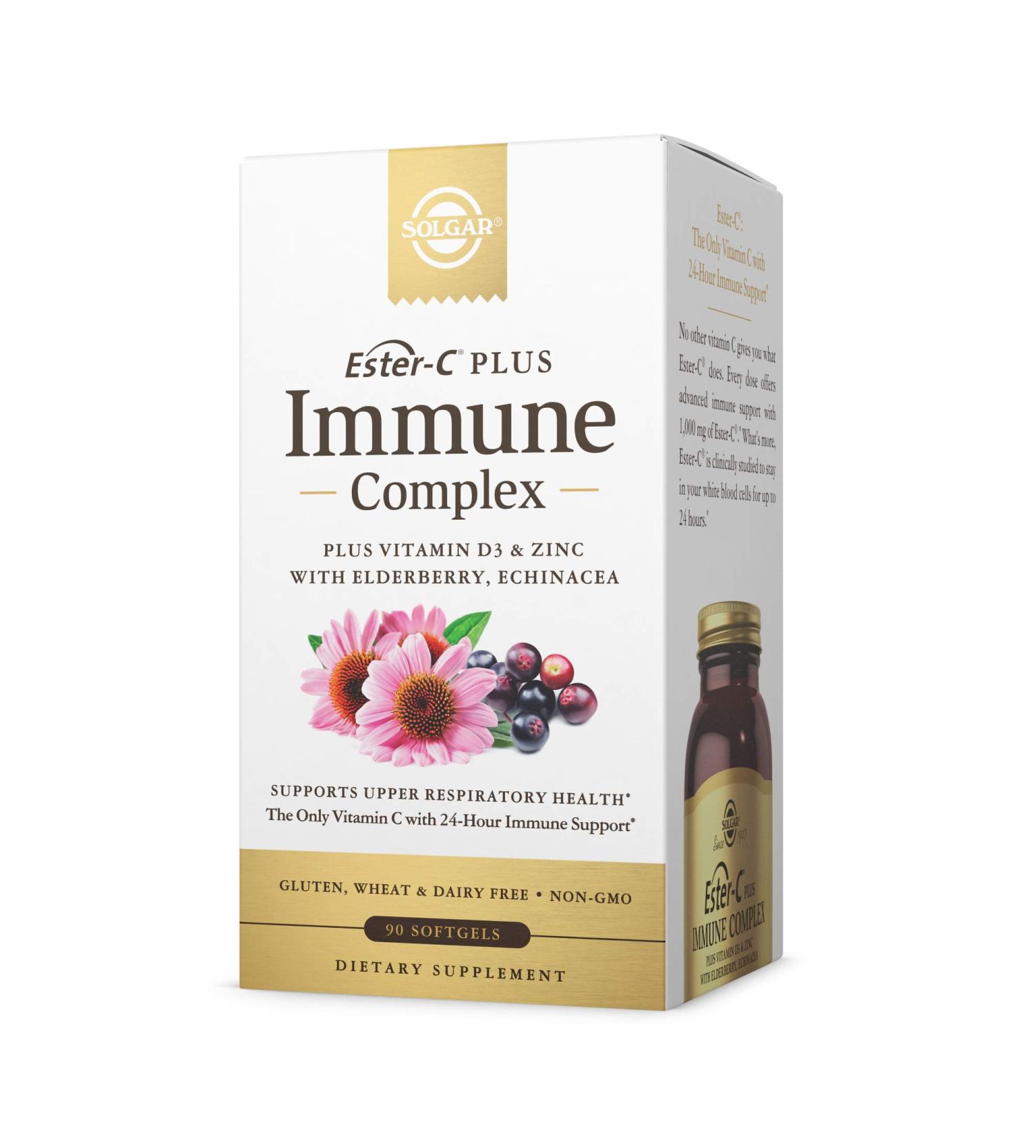 Solgar Ester-C Plus Immune Complex 90 Softgels - 24-Hour Immune Support with D3, Zinc, Elderberry & Echinacea - Non-GMO, Gluten-Free, Dairy-Free - 45 Servings - 90 Count - Buy Online on GoSupps.com