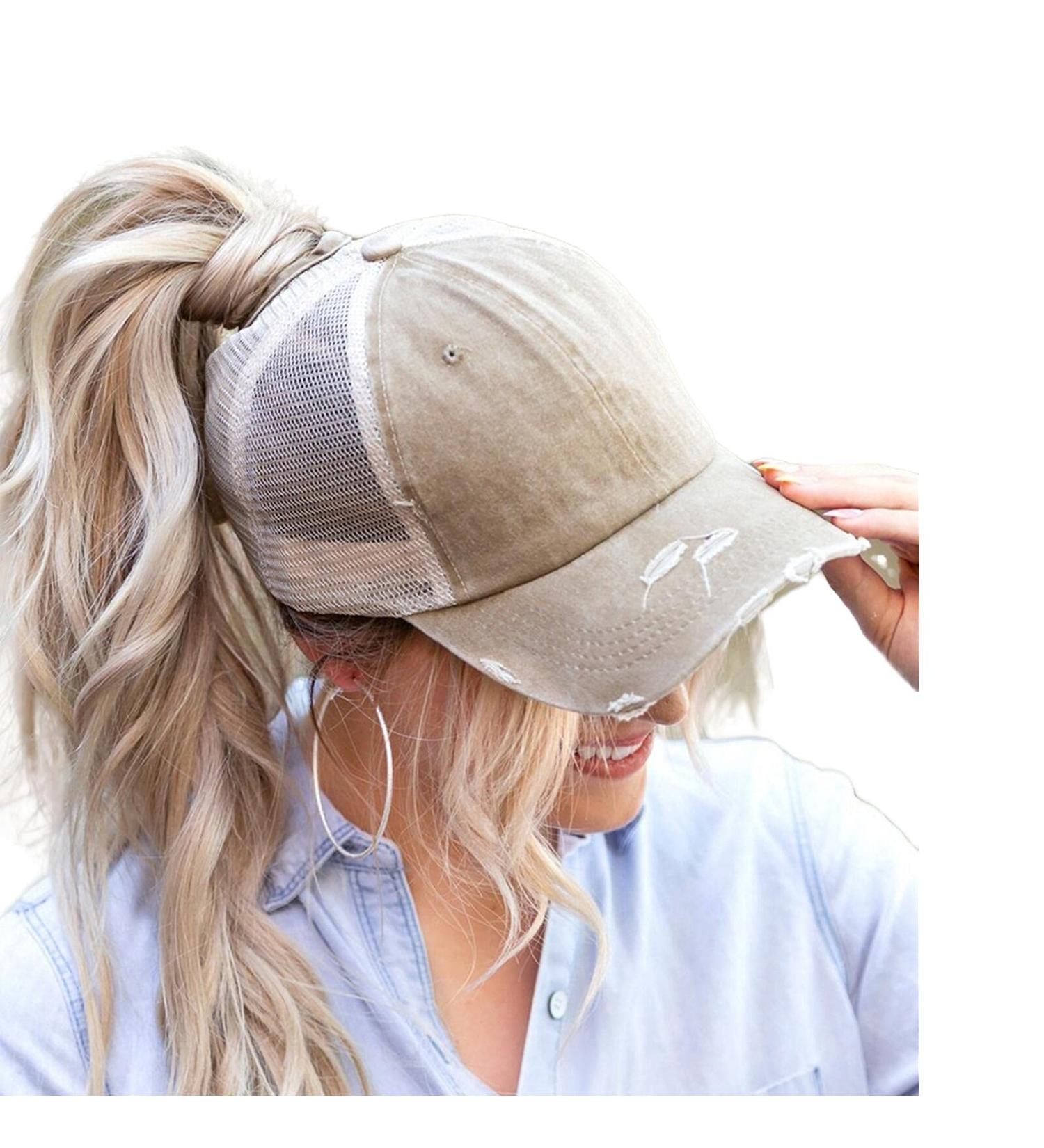 ProMindFun Women s Ponytail High Messy Bun Distressed Baseball Cap Light Khaki