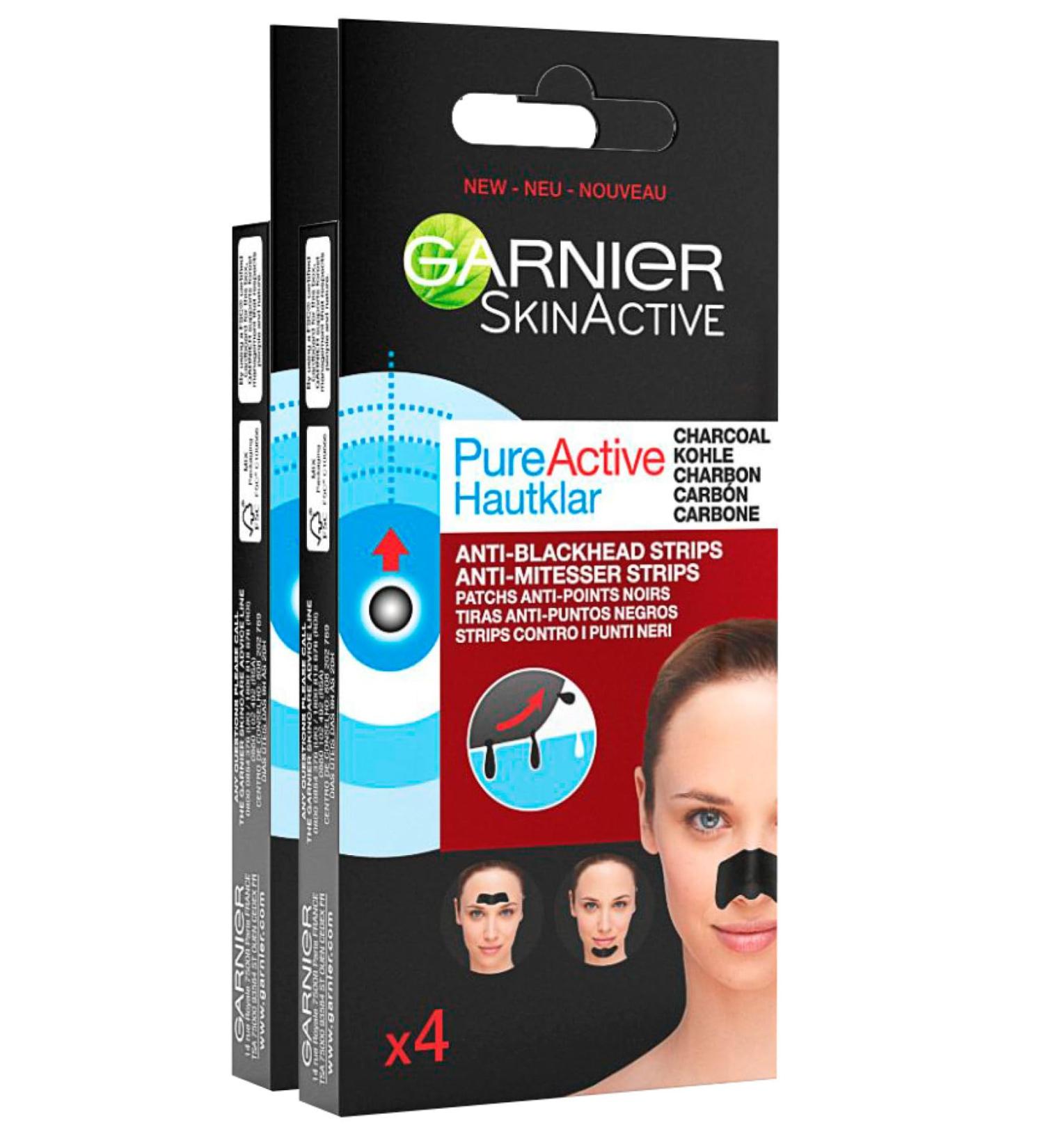 Garnier SkinActive Pure Active Strip Zone T Blackhead Remover Charcoal Strips for Nose & Chin Purifying with Salicylic Acid 2 boxes of 4 patches - Buy Online on GoSupps.com