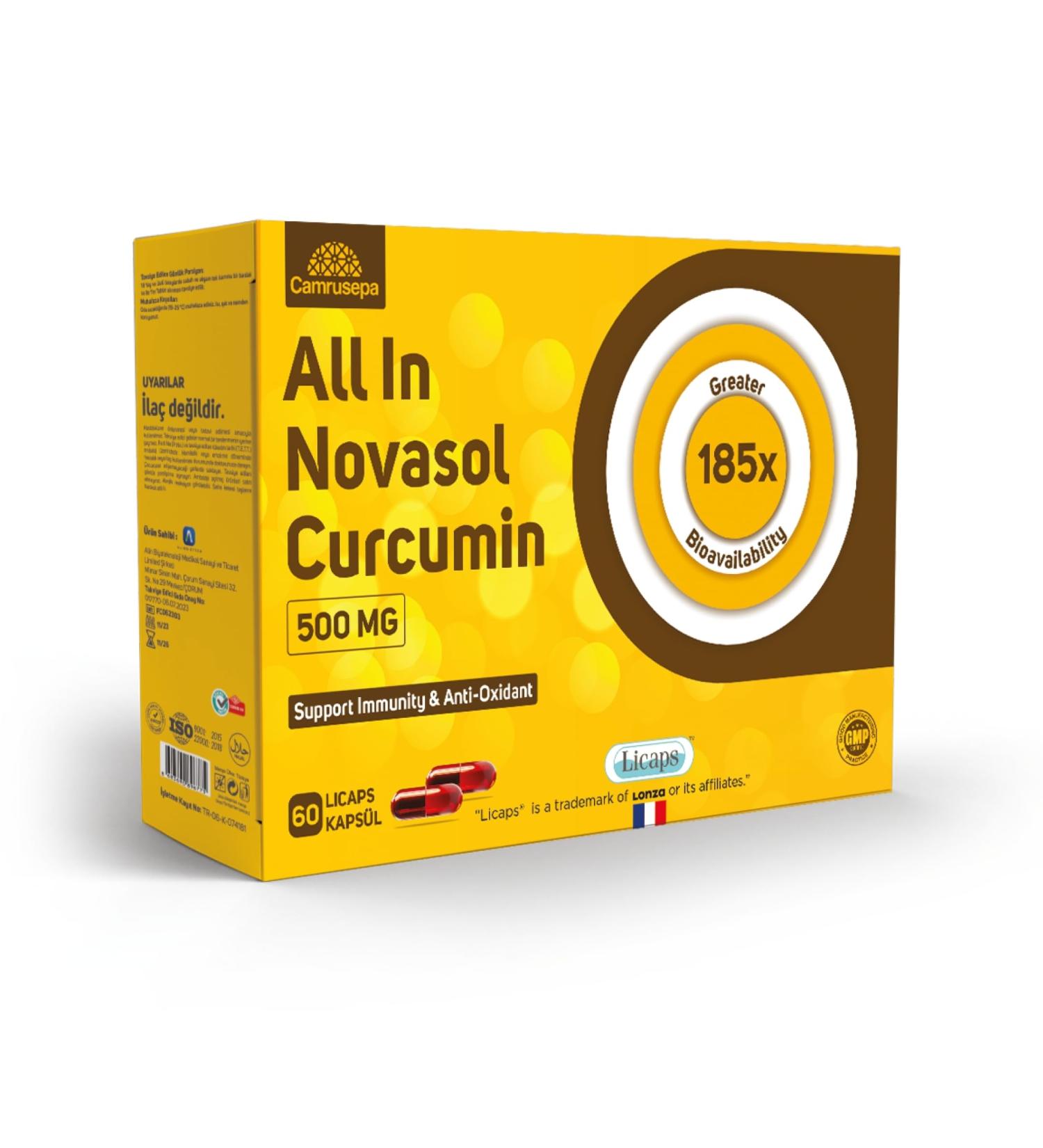 Camrusepa All in Novasol Curcumin Herbal Supplement Advanced Curcumin Formula Enhanced Absorption Licaps Capsules Supports Antioxidant Immune & Cellular Health | 60 Capsules - Buy Online on GoSupps.com