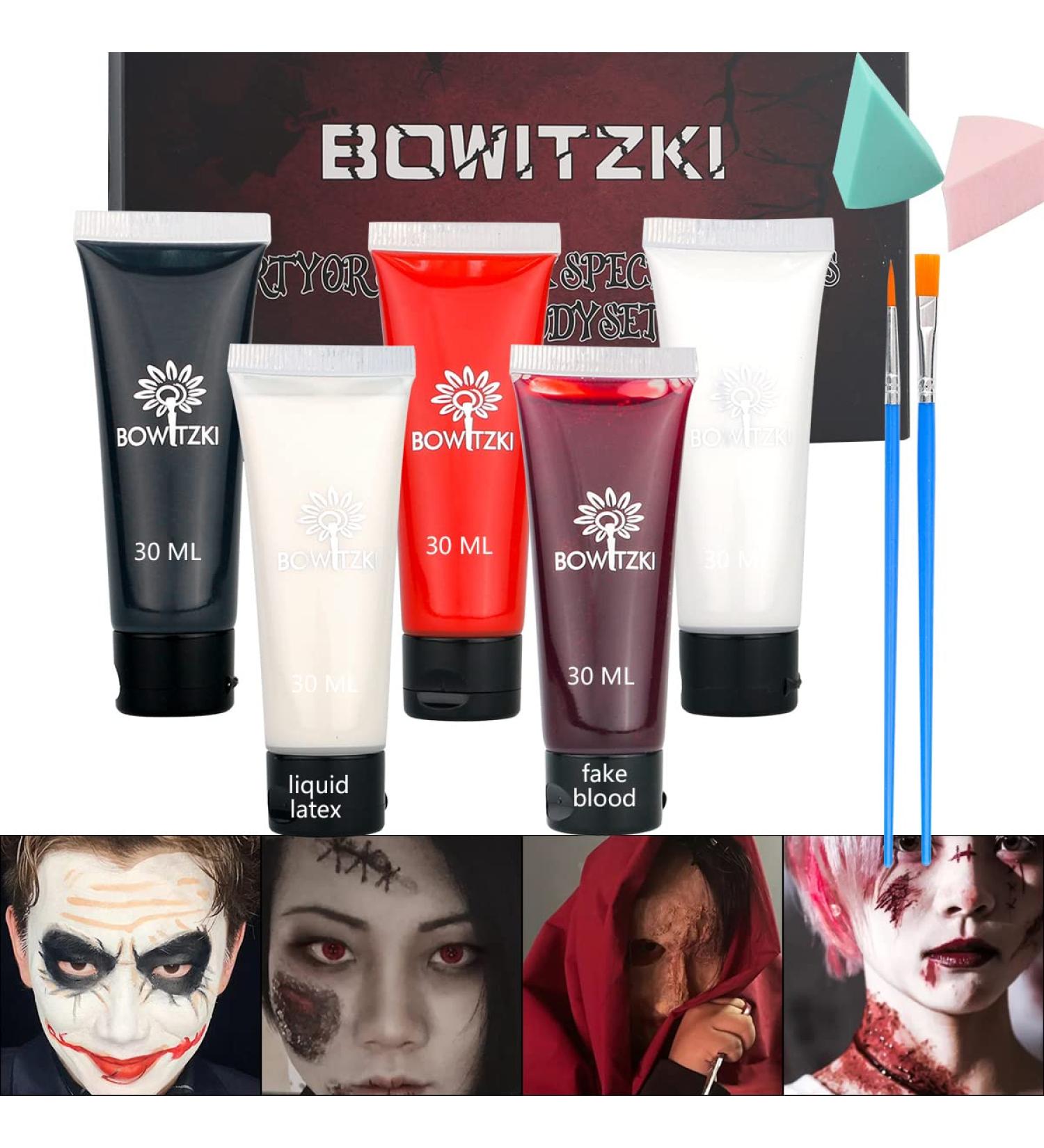 Bowitzki SFX Makeup Kit - Halloween Face & Body Paint, Liquid Latex, Fake Blood, Brushes - for Zombie, Vampire, Monster, Special Effects - Christmas Party - Red, Black, White - Buy Online on GoSupps.com