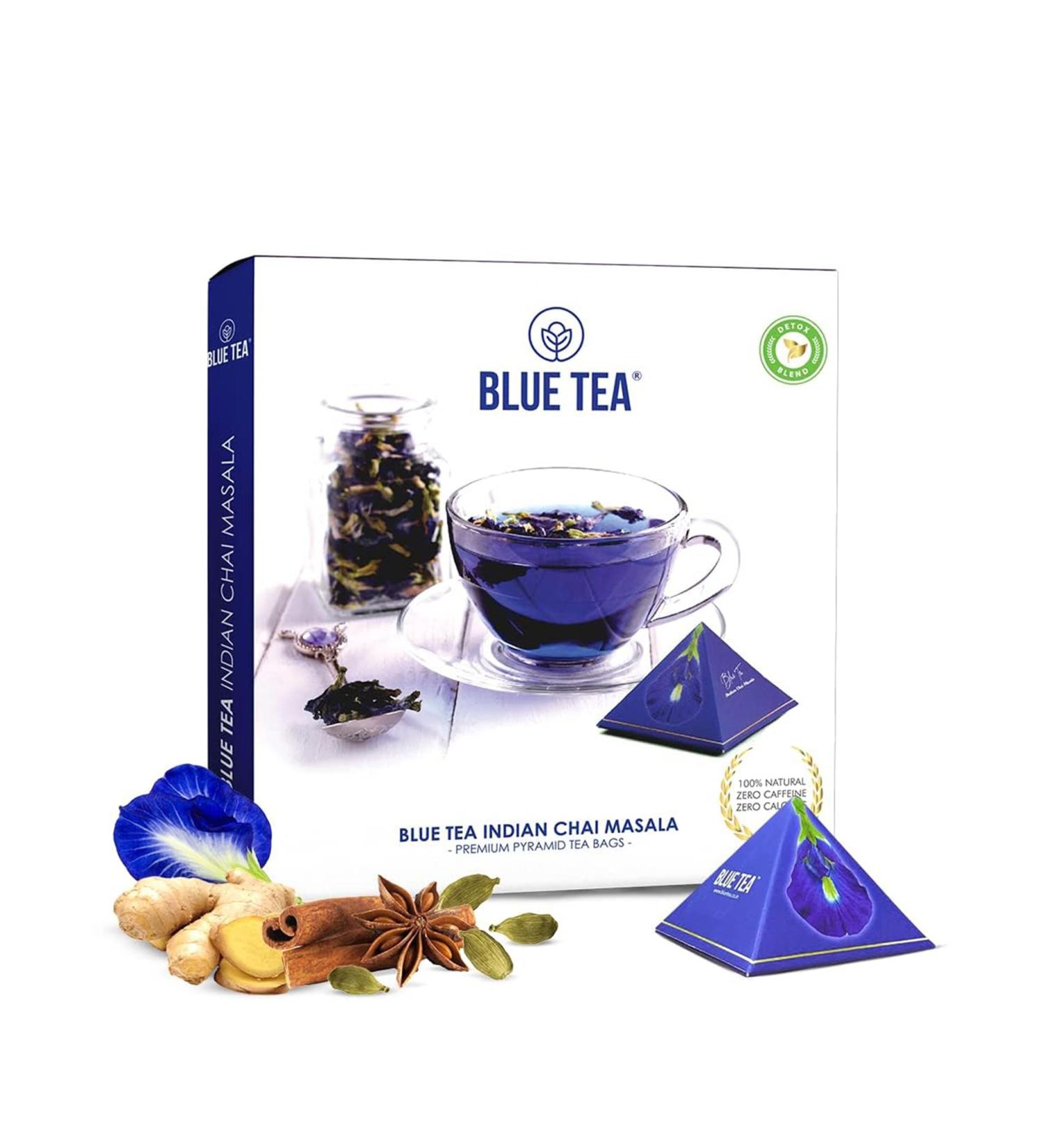 BLUE TEA - Indian Chai Masala - Plant Based Tea Bags 12 Count | TEA GIFT PACK | Herbal Tea - Caffeine Free - Gluten Free - Flower & Spices Based | Direct From Source - Buy Online on GoSupps.com