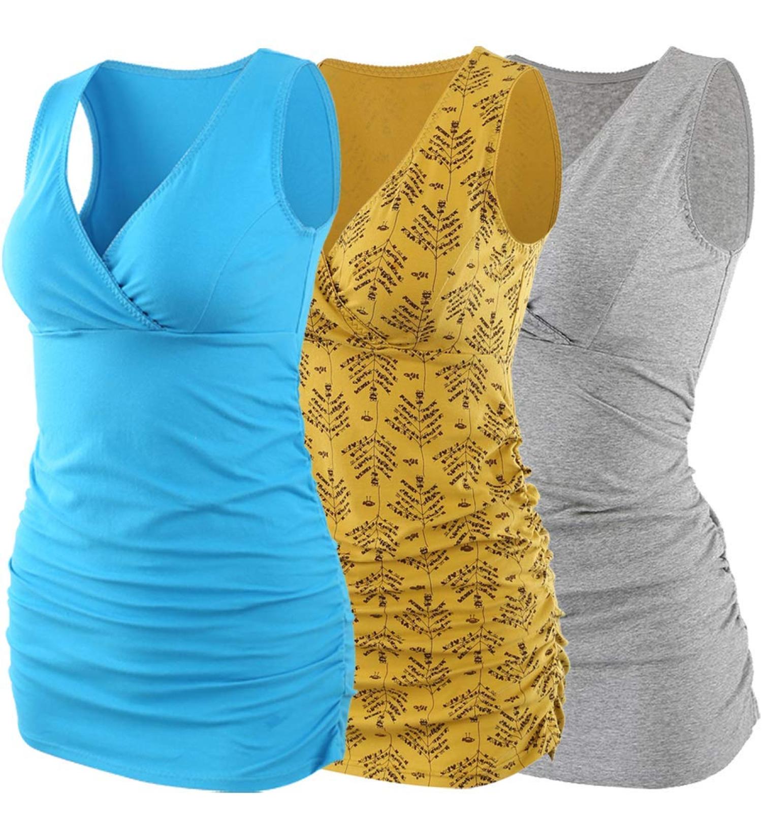 ZUMIY Maternity Nursing Top - Women's Cotton V Neck Ruched Waist Double Layered Tank - S Lake Blue+Yellow+Grey/3-Pack - Buy Online on GoSupps.com