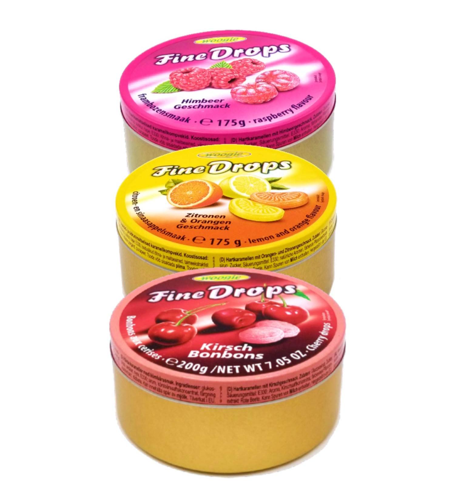 Woogie Fine Drops Hard Candy Tin - Assorted Candy Pack - Lemon & Orange Raspberry and Cherry Flavours - Pack of 3 Fruit Candy Tin Cans (550 gr) - Buy Online on GoSupps.com