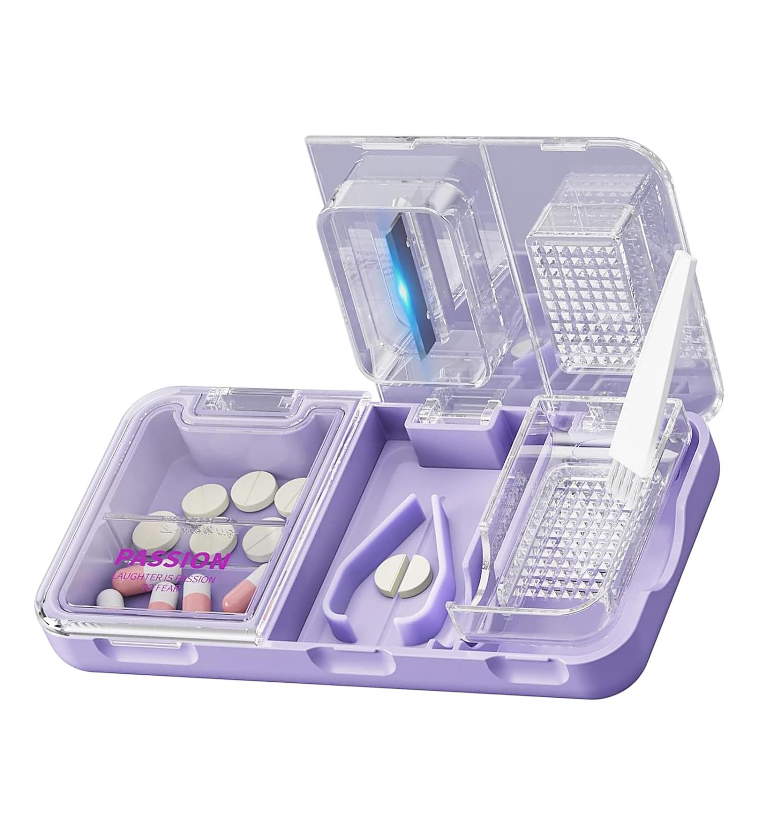 CFMOUR 3-in-1 Pill Cutter & Crusher - Splitter for All Pill Sizes Portable Pill Carrier & Grinder with Brush - Ideal for Elderly Kids & Pets - Purple - Buy Online on GoSupps.com