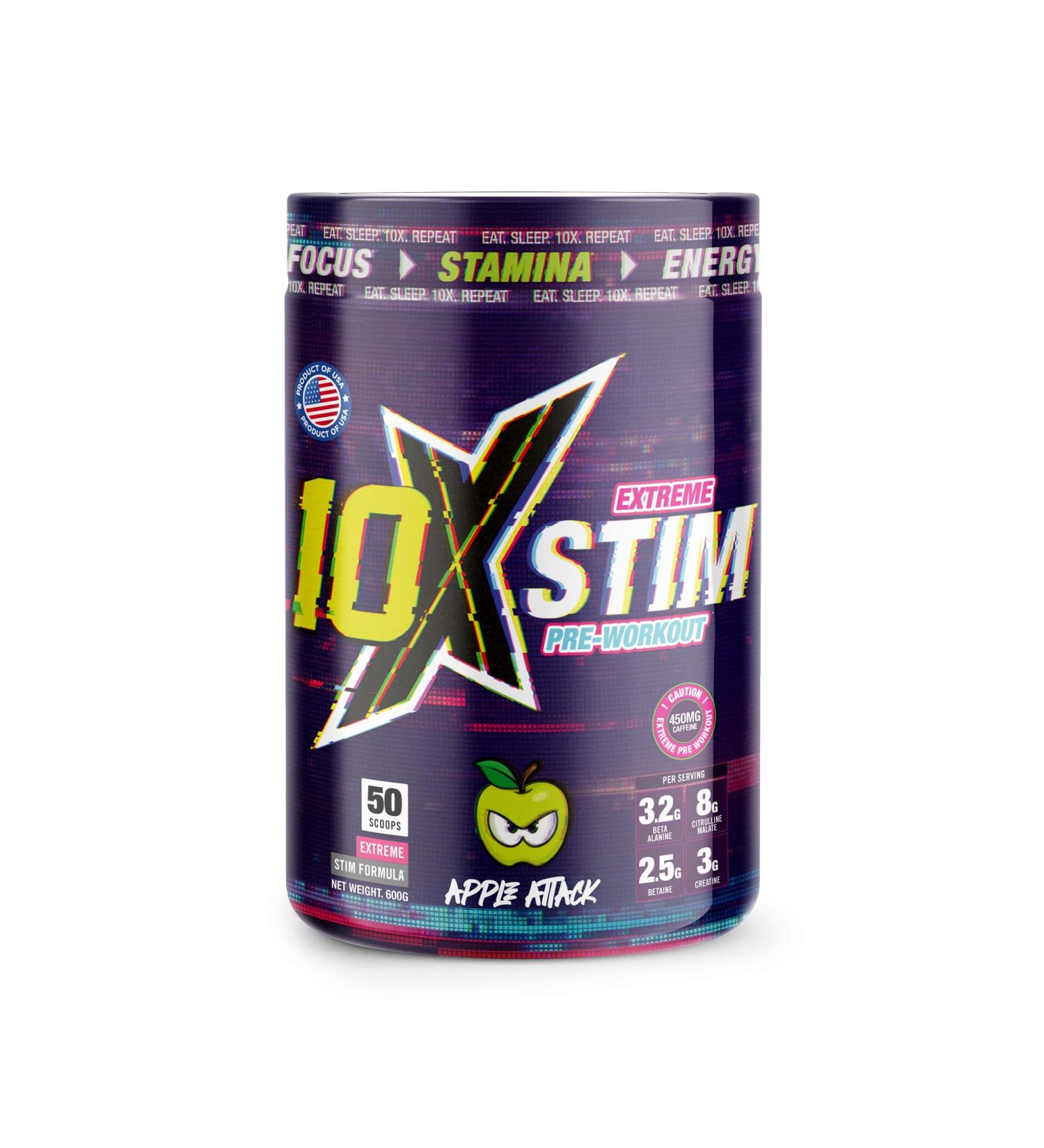 10X Athletic Stim Pre Workout Beta Alanine High Caffeine Creatine Sugar Free Vegan Low Calorie Various Flavours 600g 25/50 Servings (Apple Attack)