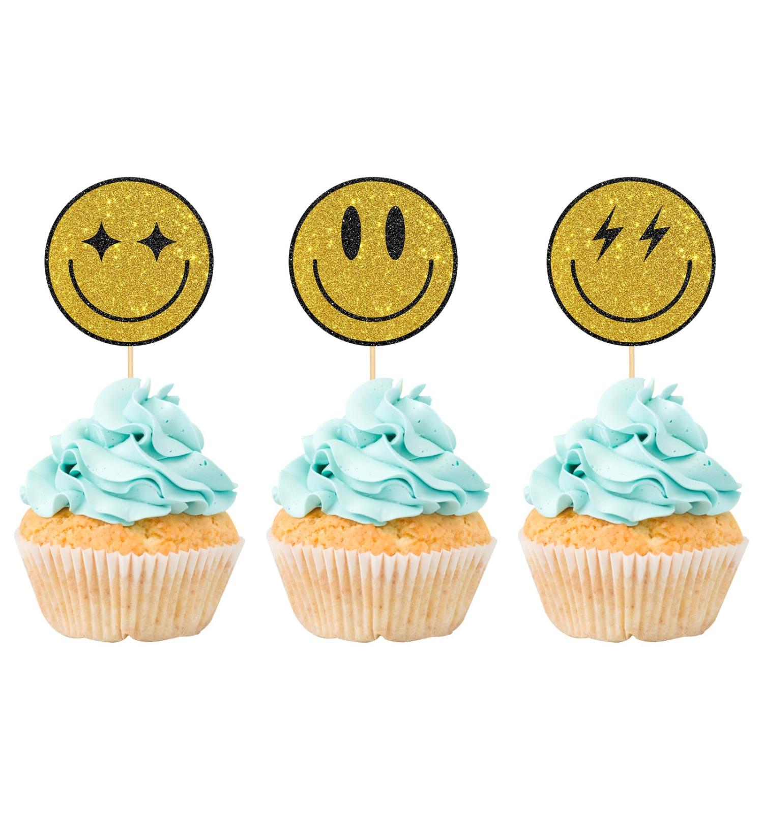 Maicaiffe Smile Face Cupcake Toppers Hippie First Birthday Cupcake Toppers Kids Birthday Wedding Party Dessert Decors Smile Face Hippie Party Decorations 24Pcs Glitter - Buy Online on GoSupps.com
