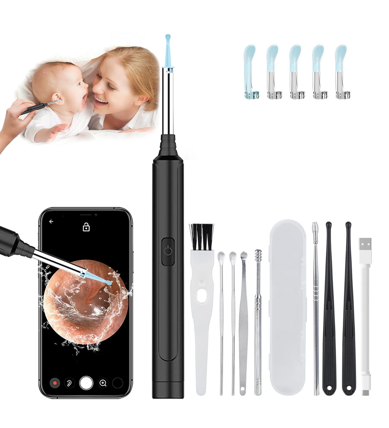 Wireless Ear Wax Removal Tool Camera | 1296P FHD | LED Light | 13 PCS WiFi Earwax Removal Kit | Ear Cleaner for iPhone iPad Android - Black - Buy Online on GoSupps.com