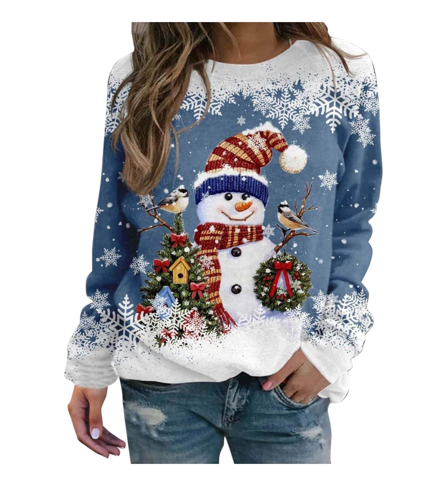 Women's Christmas Snowman & Penguin Print Sweatshirt - Xmas Jumper O-Neck Raglan Top - Winter Long Sleeve Pullover - Blue XL - Buy Online on GoSupps.com